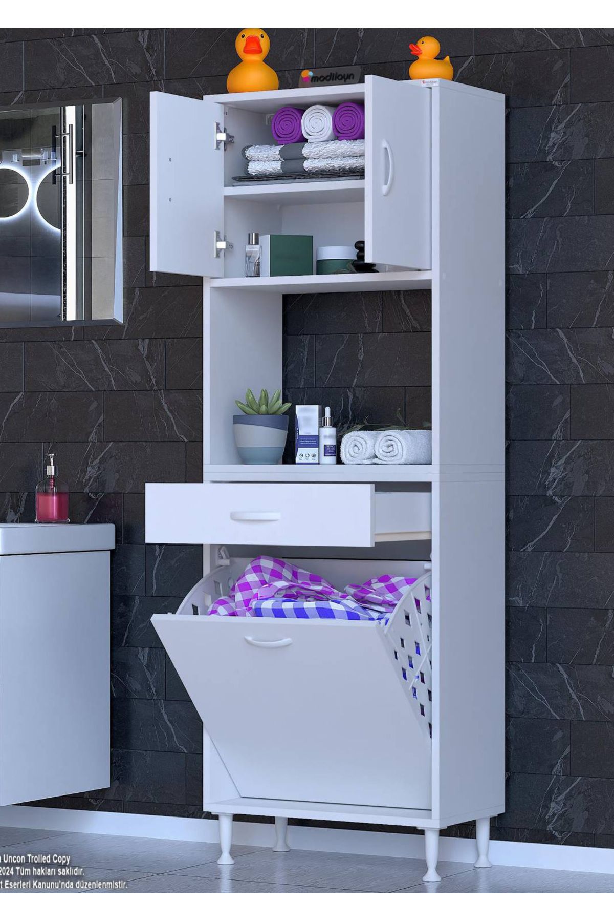 Modilayn 60x173x32,5 cm 1 Çekmece 1 Sepetli ve 3 Göz Bölmeli Akıllı Mutfak Dolabı Çok Amaçlı Dolap