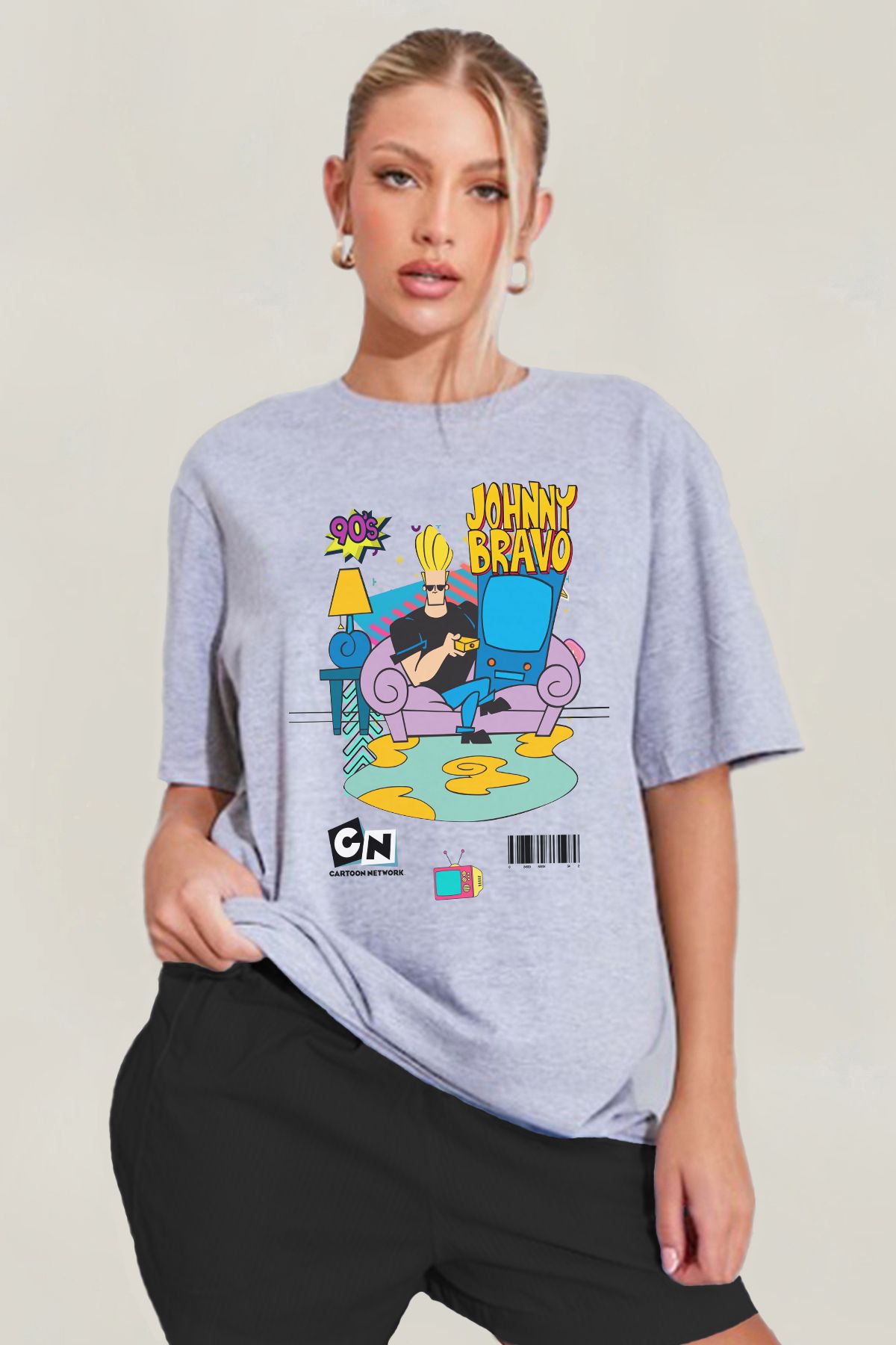 MODA Johnny Bravo Baskılı Oversize Kalıp Grimelanj Geniş Bol Kesim Kadın Tişört