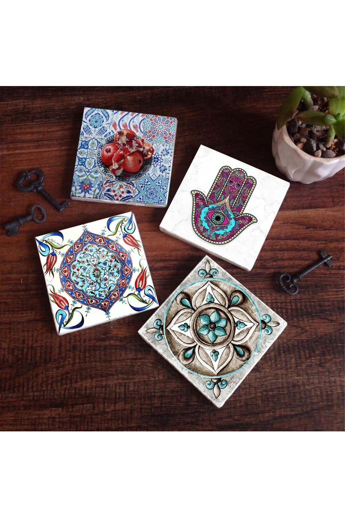 Mu Art Ahşap Mrt Fatma Ana Eli (Hamsa), Çini Sanatı, Nar Taş Bardak Altlığı Seti - 4 Parça - Dekoratif, Ru
