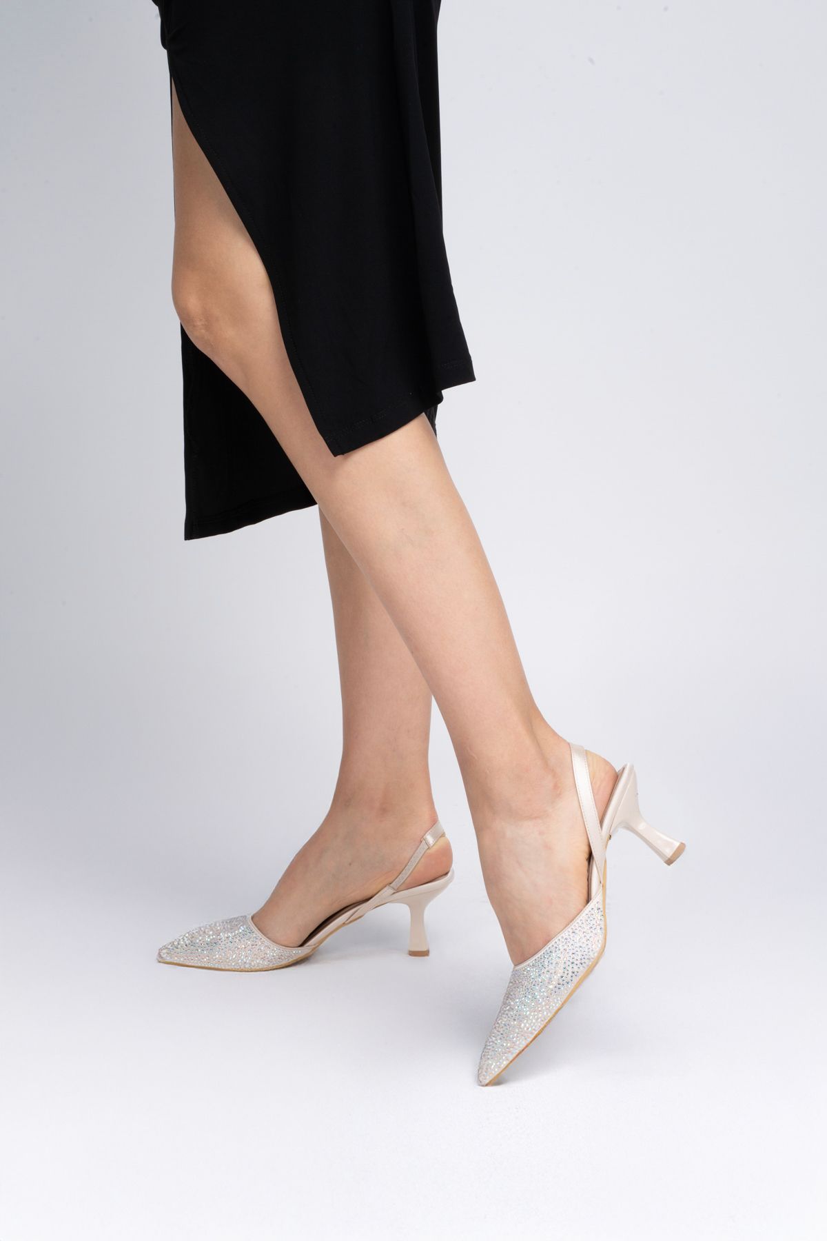 ELAIA SHOES Aura Kristal Taşlı Arkası Açık Kadın Topuklu Abiye Stiletto – Bej