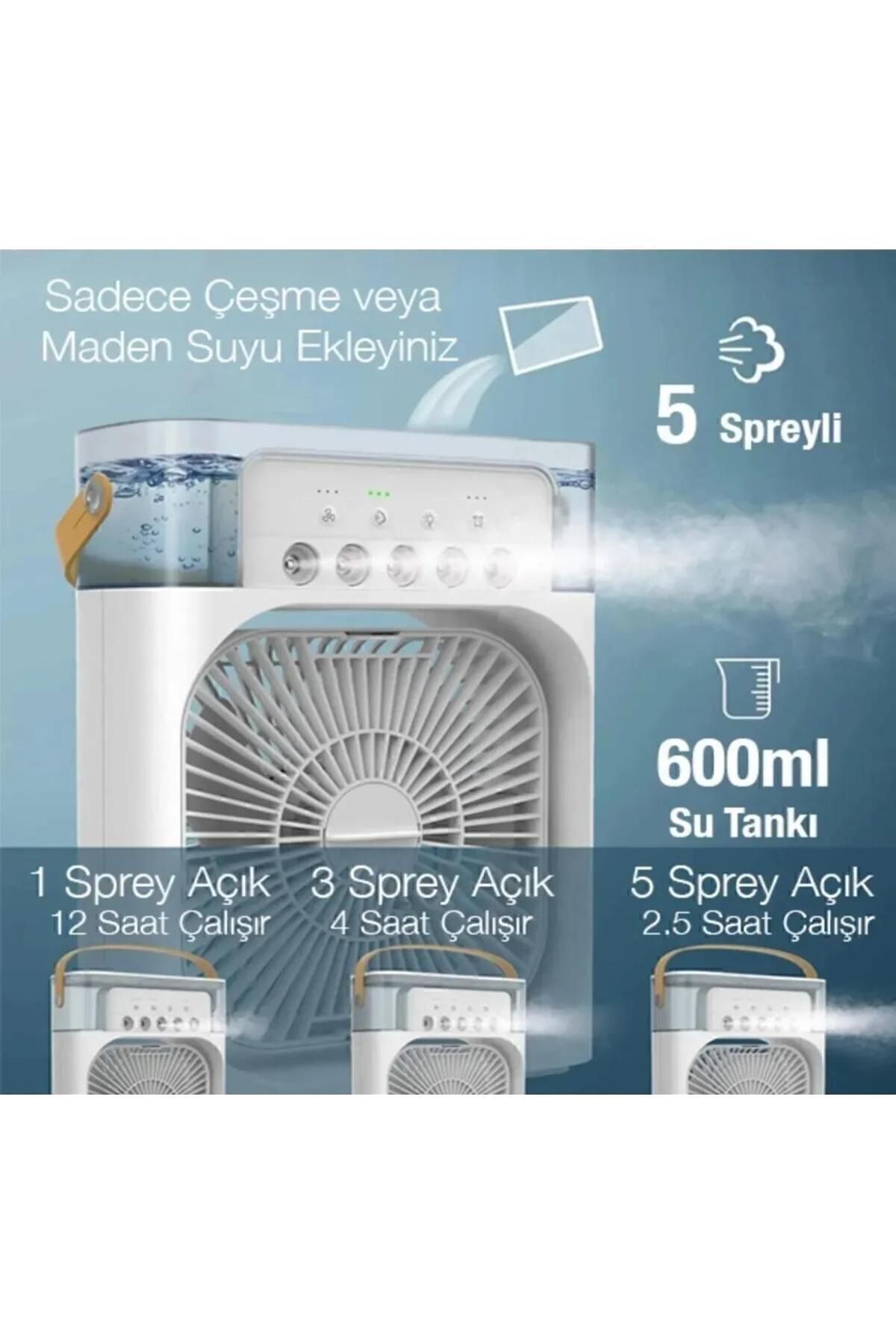 bellami Taşınabilir 5 Spreyli Su Buharlı Mini Klima Fan – 600 ml Su Tanklı – 7 Renk Gece Lambalı