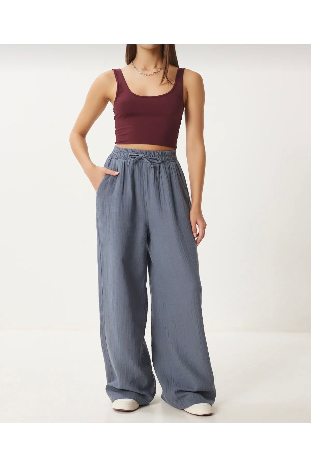 lenai online shop Müslin Kumaş Bol Paça Pantolon Bağcıklı