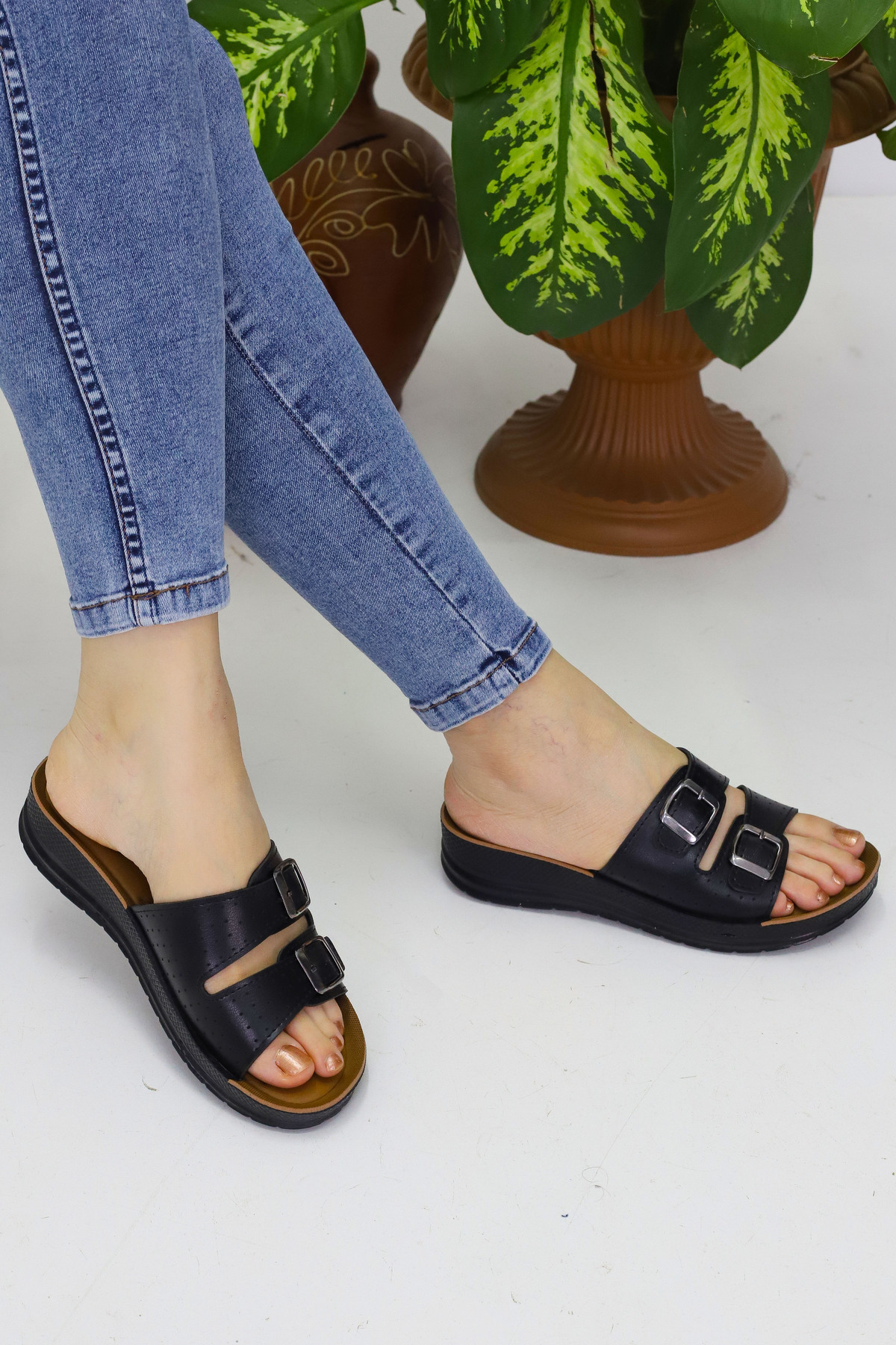 Modaarmada-Black Double Buckle Comfortable Use Women's Slippers Light and Flexible Sole 3