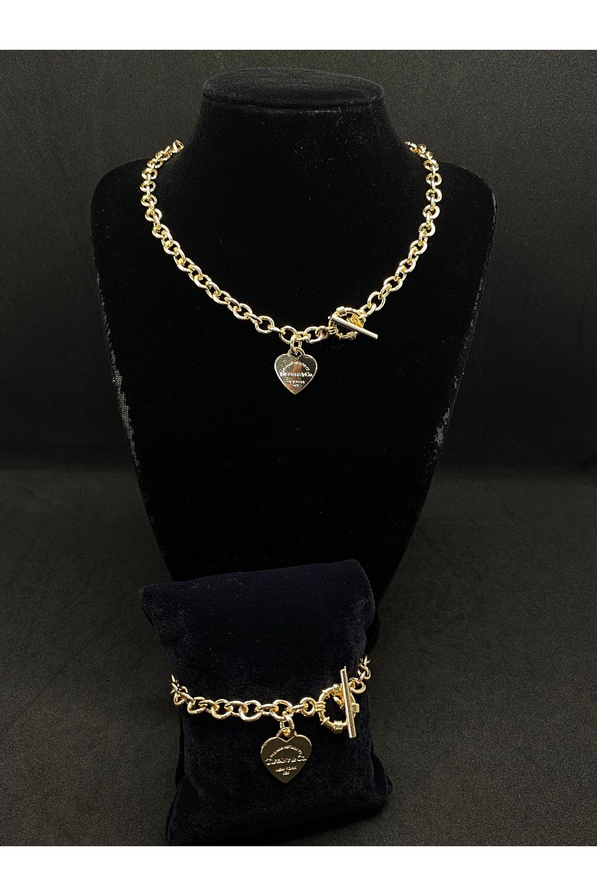 Jiji Jewelery Tiff Co Heart Tag Toggle Altın Renk Çelik Takı Seti