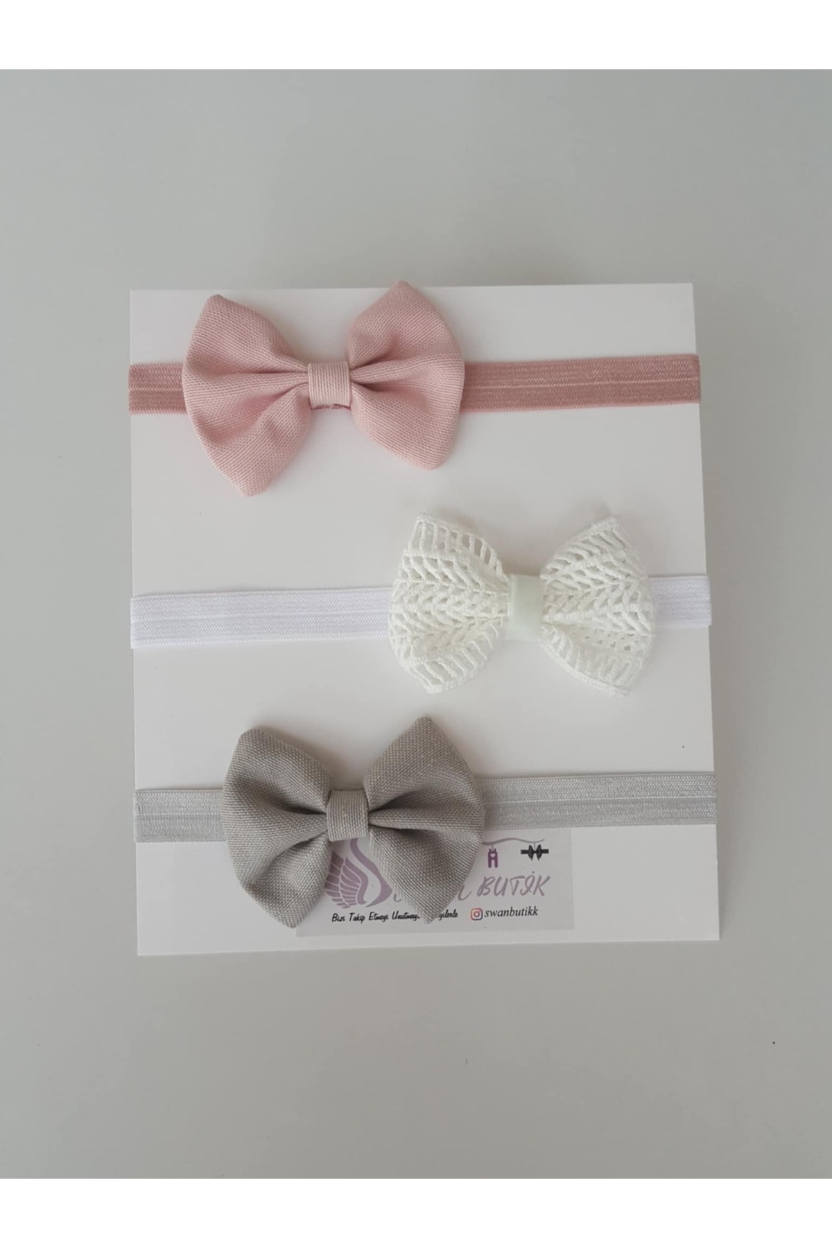 swan butik Kız Bebek Çocuk Bandana Toka Seti 3'lü Pudra Pembe, Beyaz , Gri Fiyonk fotoğrafı 3 (önizleme)