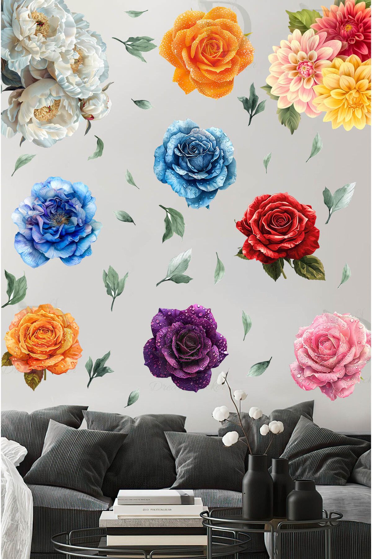 KT Decor Rengarenk Şakayıklar Premium Duvar Sticker Seti