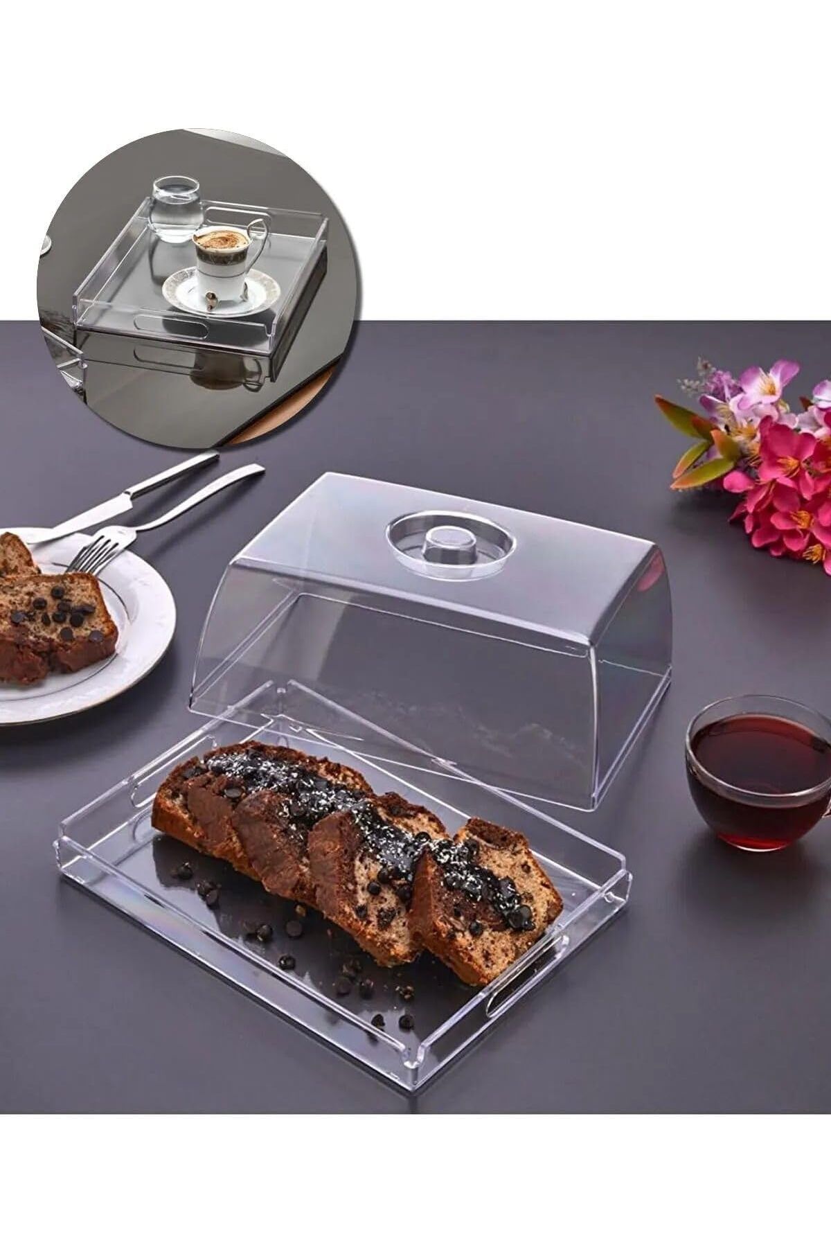 STOREMAX ELZ Kristal Tepsili Kek Fanusu Servis Tepsisi Tutma Saplı İkramlık Sunumluk Pasta Standı FRNTR 1