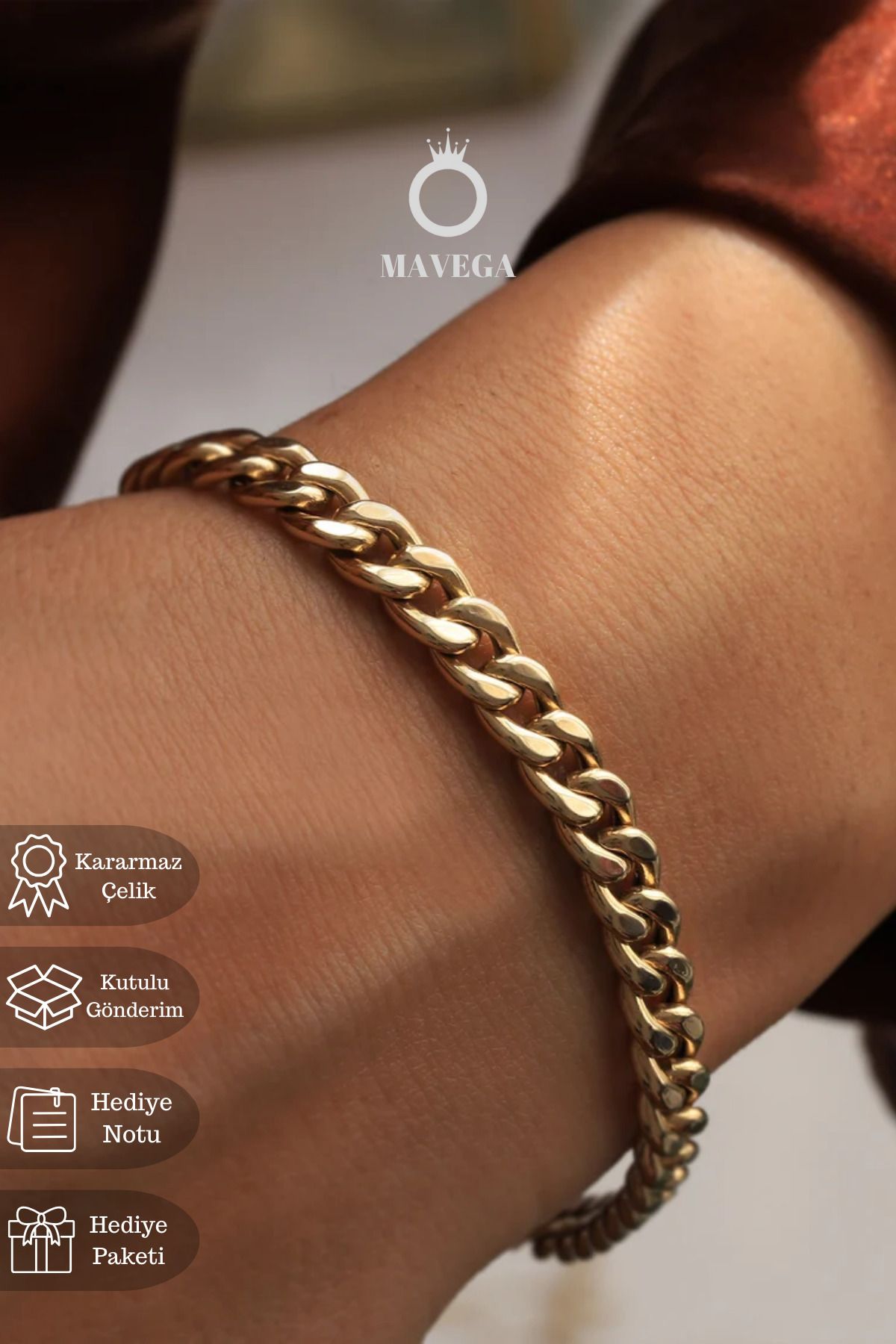 MAVEGA Yüksek Kalite Paslanmaz Kararmaz 14K Çelik Zincir Kadın Bileklik | Altın Renk, 18+5 Cm