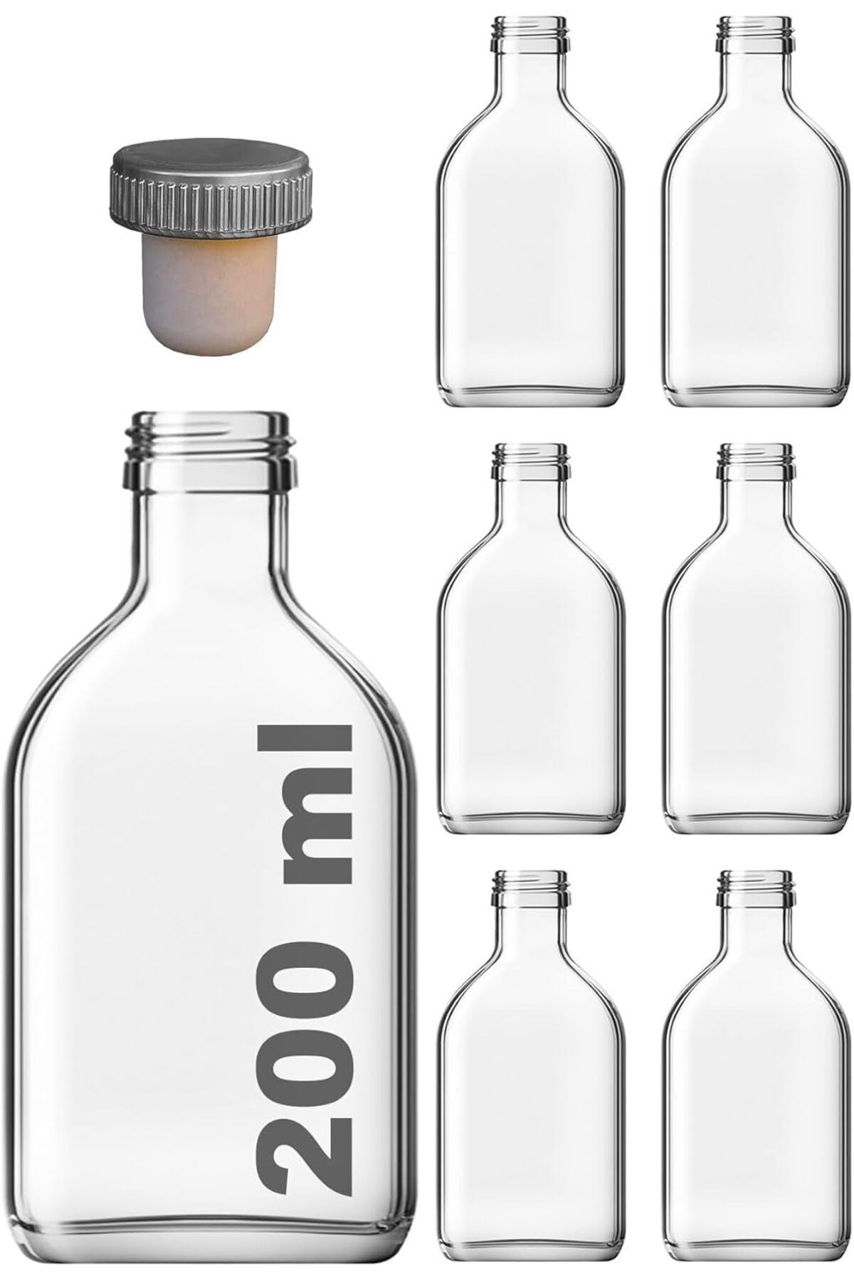 Mu Art Ahşap Mrt 200 cc Kapaklı Cold Brew Şişesi 200 ml Yassı Soğuk Kahve Cam Şişe 6 Adet (Sentetik Tıpa)