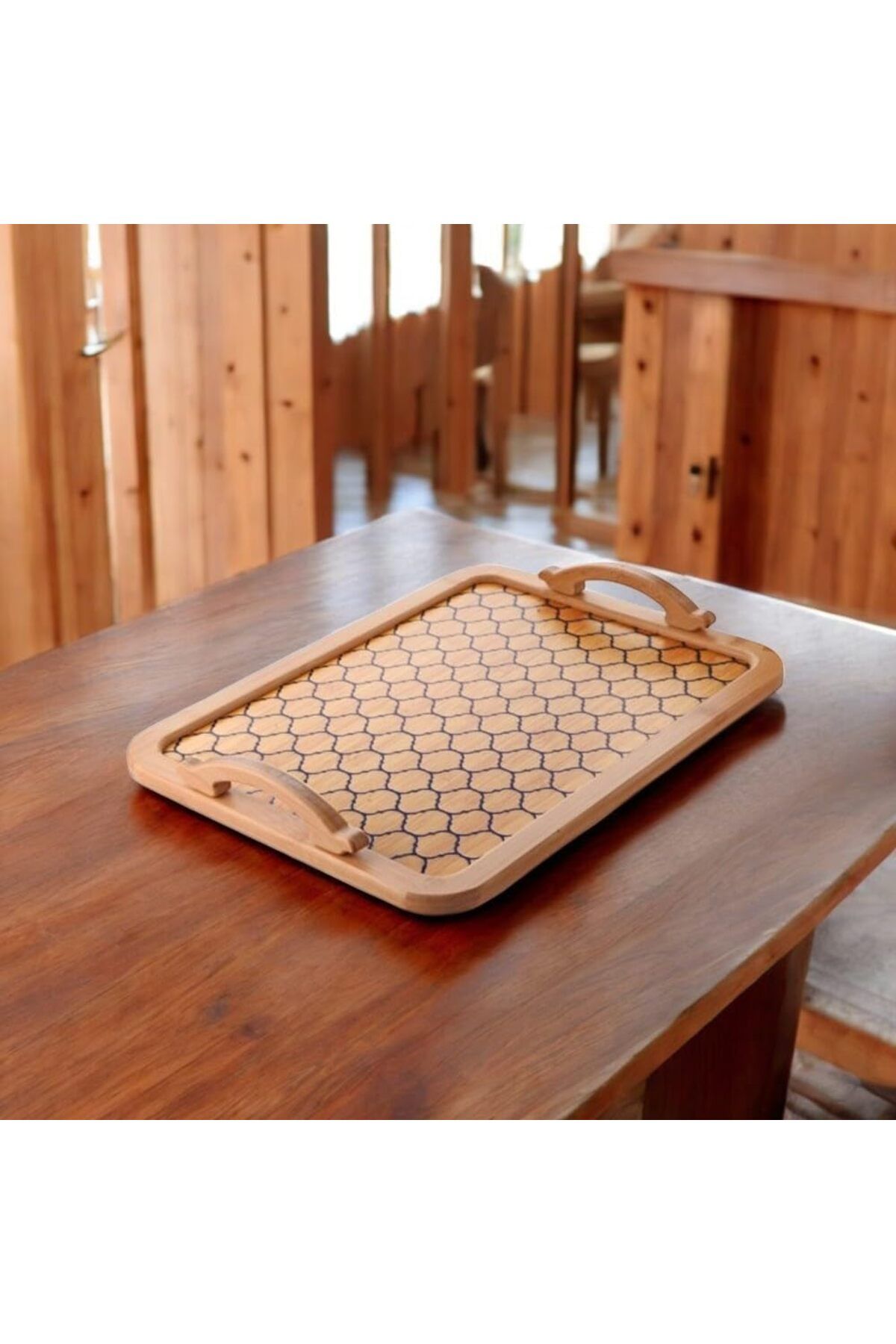 STOREMAX ELZ Bambu Desenli Lüx Kulplu Mutfak Tepsisi 39 * 30cm, Kulplu Desenli Bambu Lüx Sunum Tepsisi, Bam
