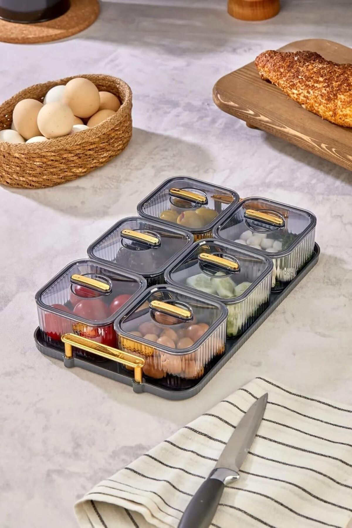 LUXE Tepsili Lüx 6 Bölmeli Kahvaltılık Seti, Şık ve Fonksiyonel Akrilik Tepsili Lüks 6 Bölmeli K