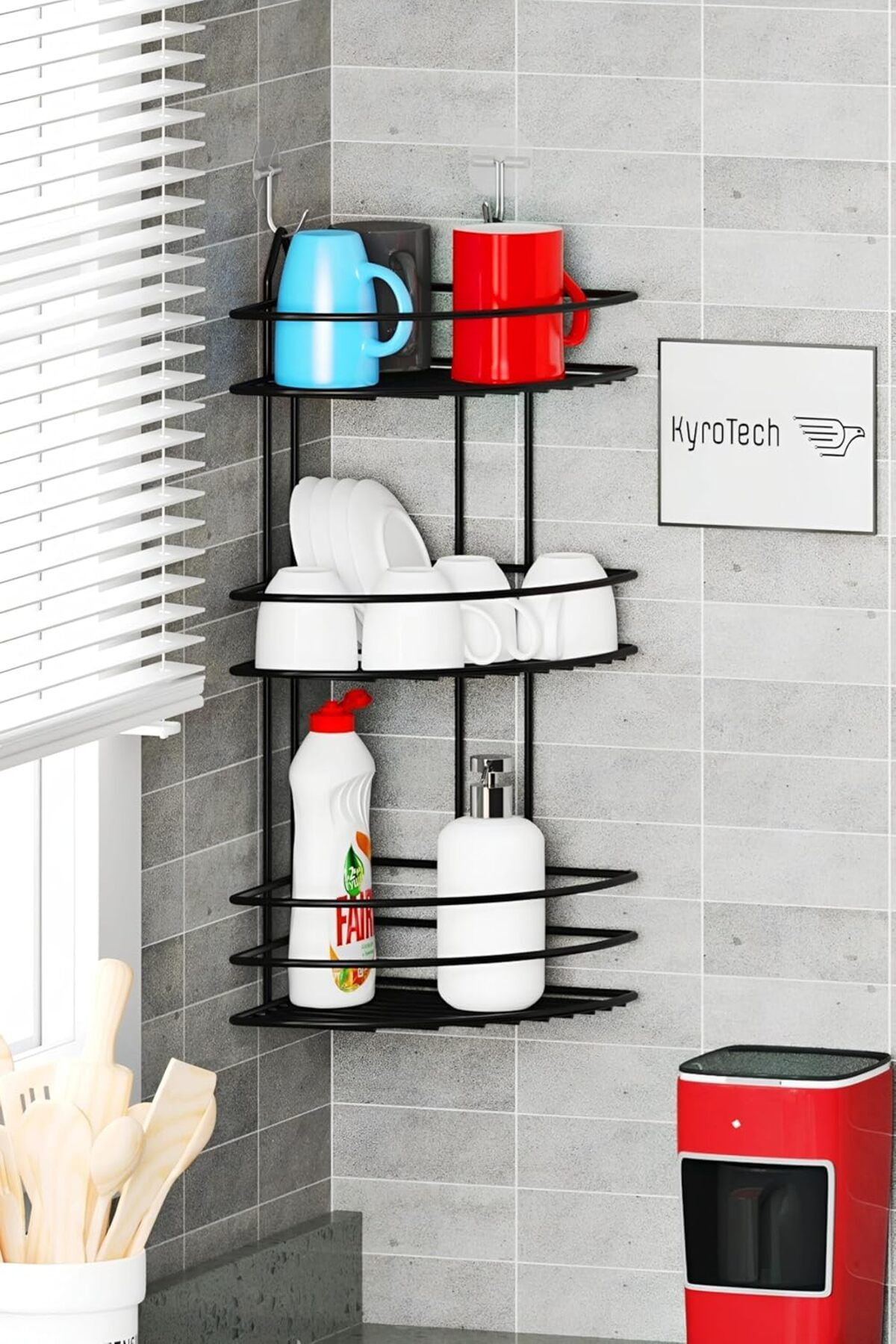 LUXE 3 Katlı Metal Siyah Paslanmaz Bulaşıklık, Bulaşık Kurutmalık, Bulaşık Standı, Deterjanlı