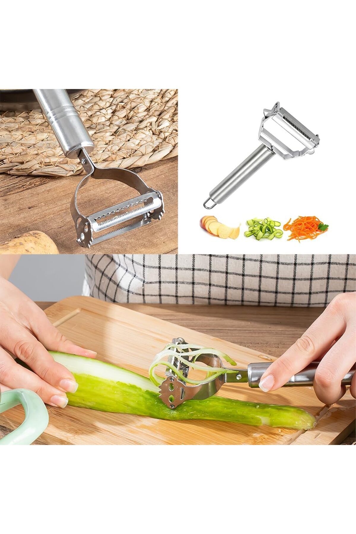 Mu Art Ahşap Mrt 16563-11 Paslanmaz Çelik Inox Meyve Sebze Soyacak Çok Amaçlı Jülyen Dilimleyici - Gözenek