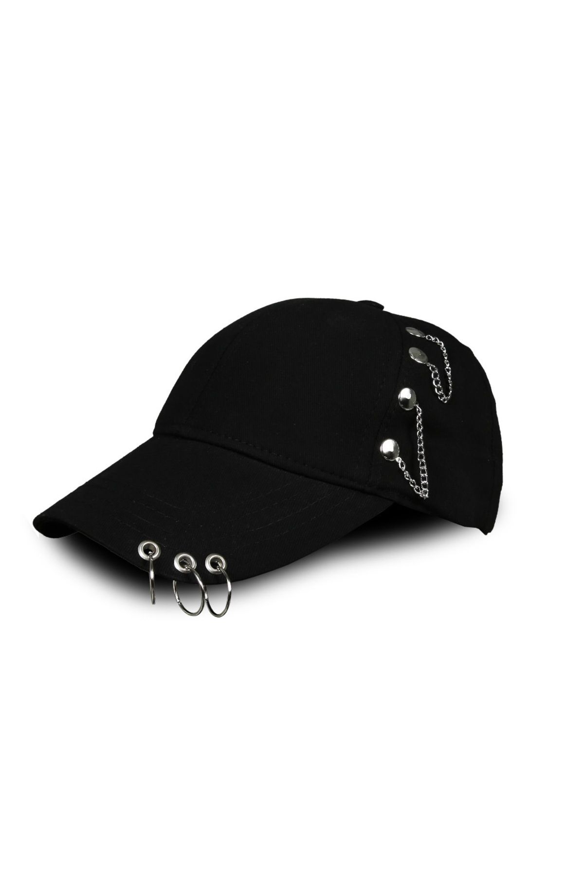 Butik Siyah 3 Halkalı Piercing Zincirli Kep Şapka