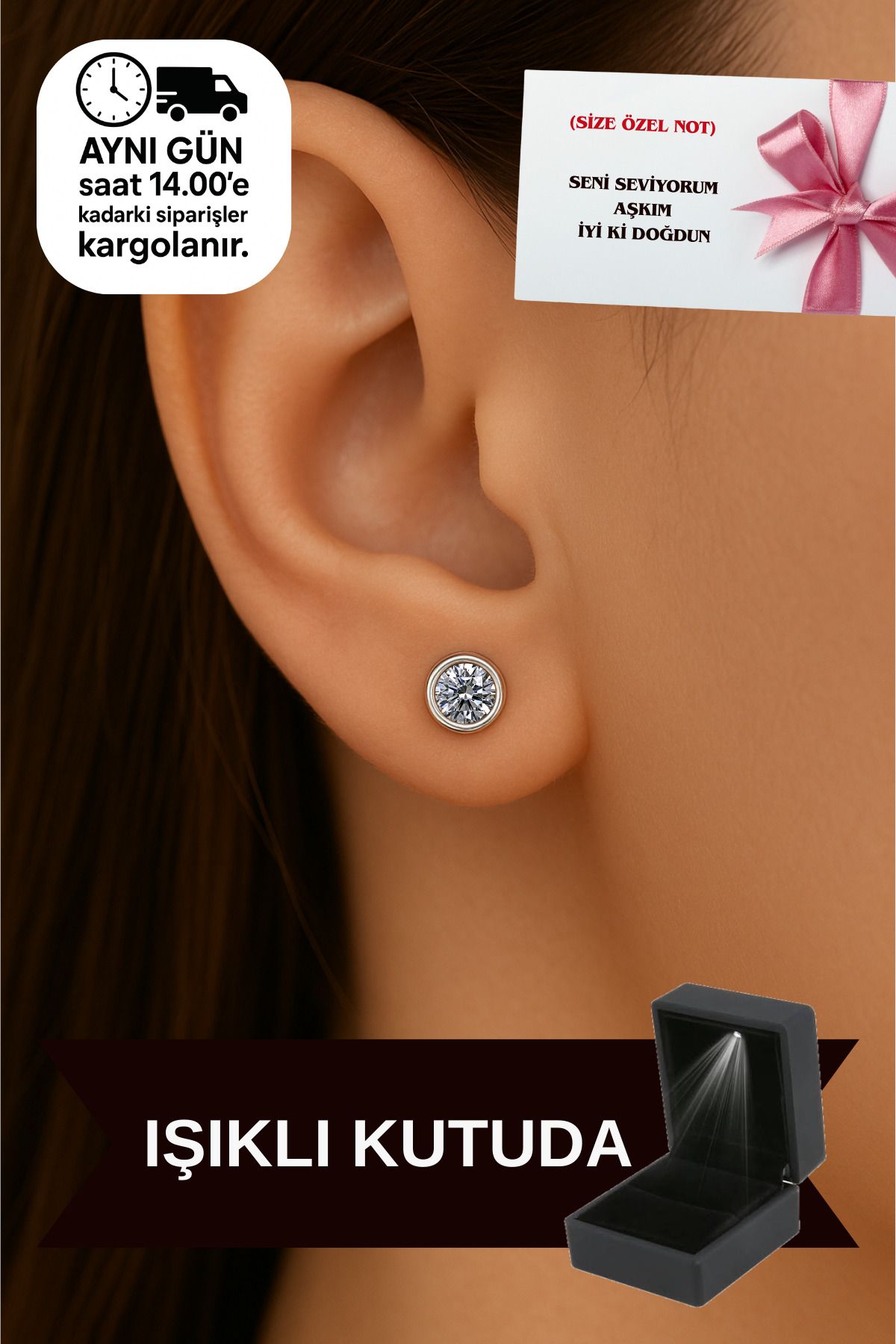 CARAT STONE IŞIKLI KUTUDA 925 AYAR GÜMÜŞ TEKTAŞ ÇİFT KADIN KÜPE