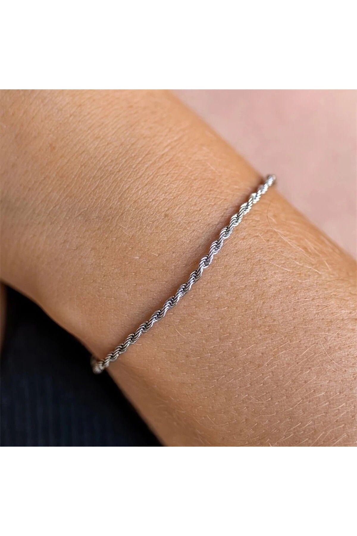 Tasarım Çelik Bileklik İnce Burgu Zincir Model 4 Mm Kalınlık 18 Cm Uzunluk 5 Cm Ek Gümüş Silver