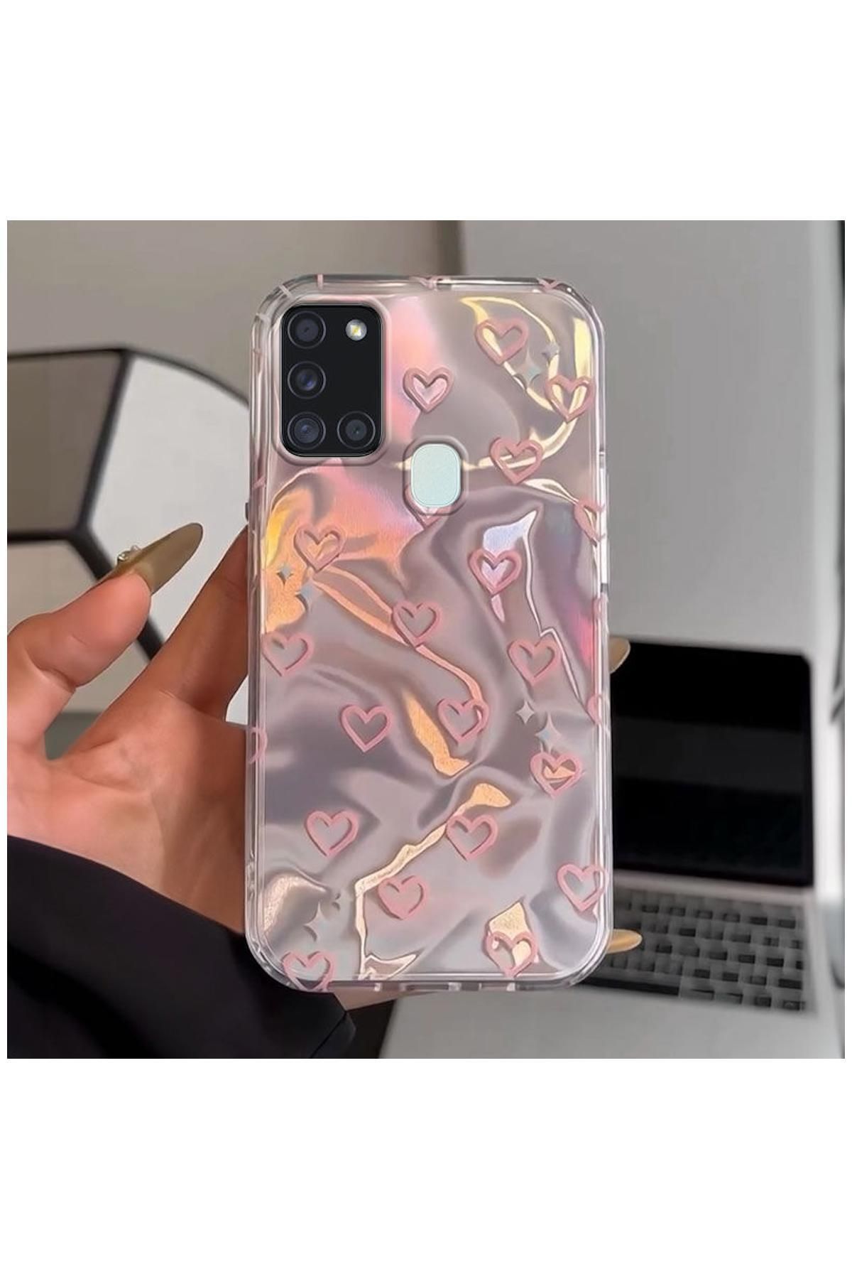 Pro Aksesuar Samsung Galaxy A21s Uyumlu Kılıf Kalp Desenli Silikon Kılıf Pembe