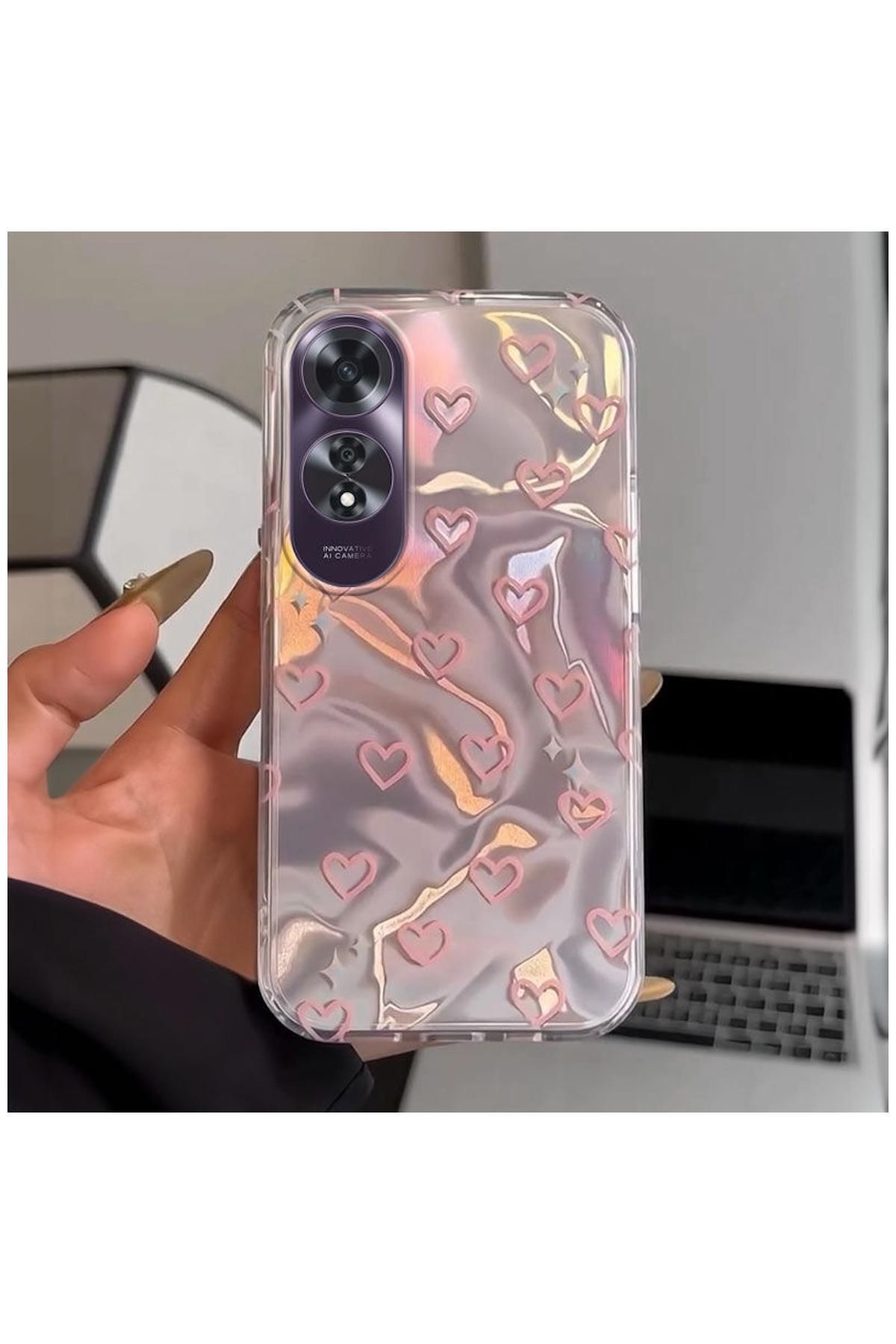 Zebana Oppo A60 Uyumlu Kılıf Zebana Pink Heart Silikon Kılıf Pembe