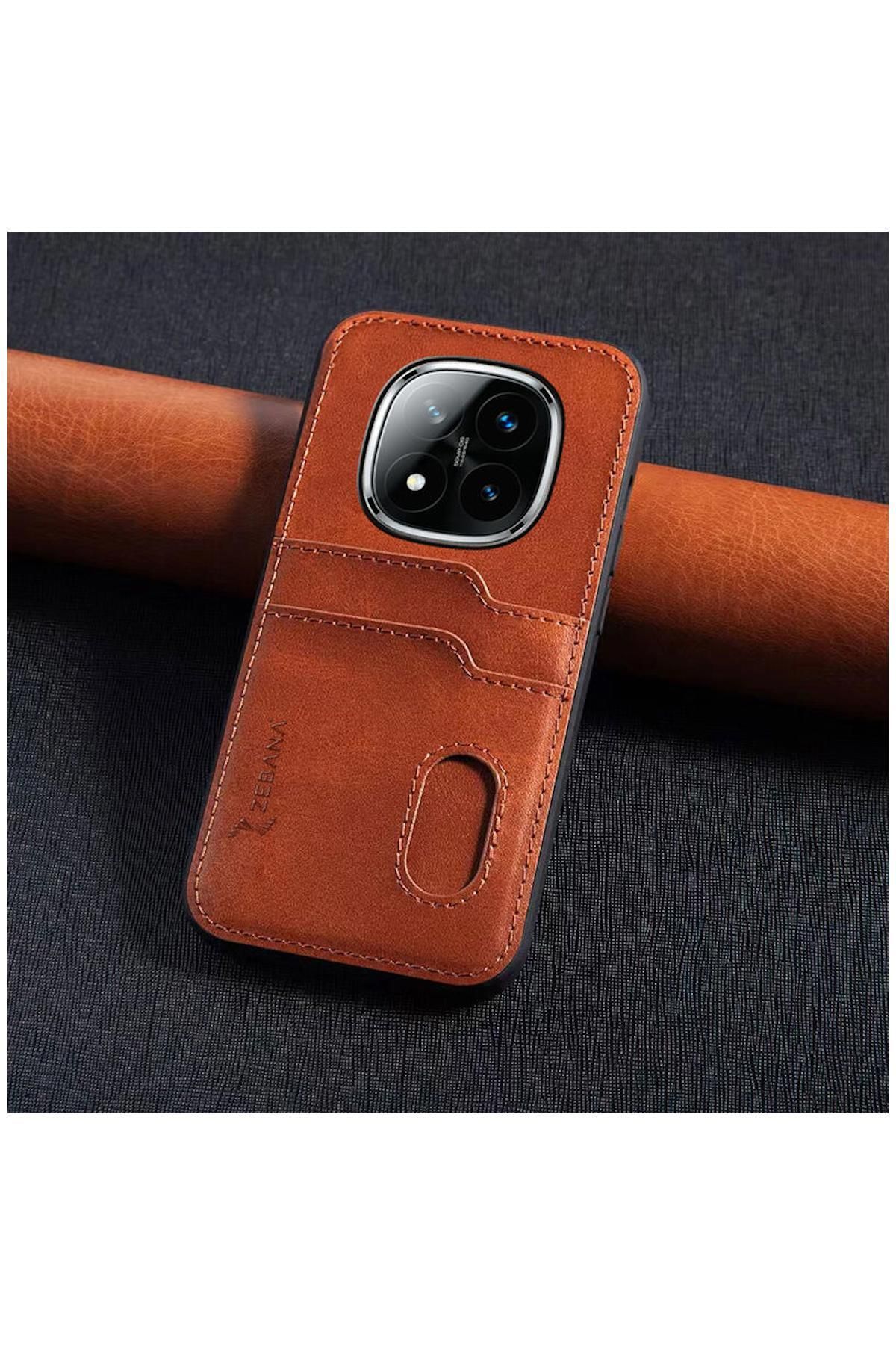 Zebana Xiaomi Poco X7 Uyumlu Kılıf Zebana Kartlıklı Lüx Deri Kılıf Kahverengi
