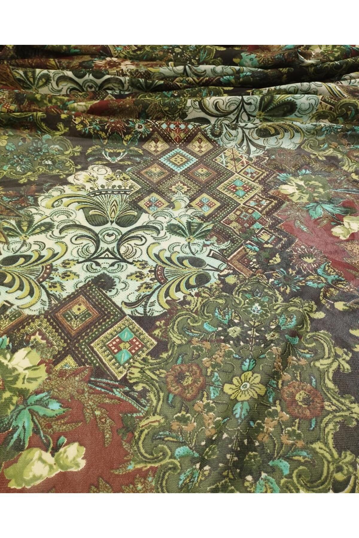 Kumaş Parça-Retro Pattern in Dark Green Brown Cream Colors Mesh Width: 130 6