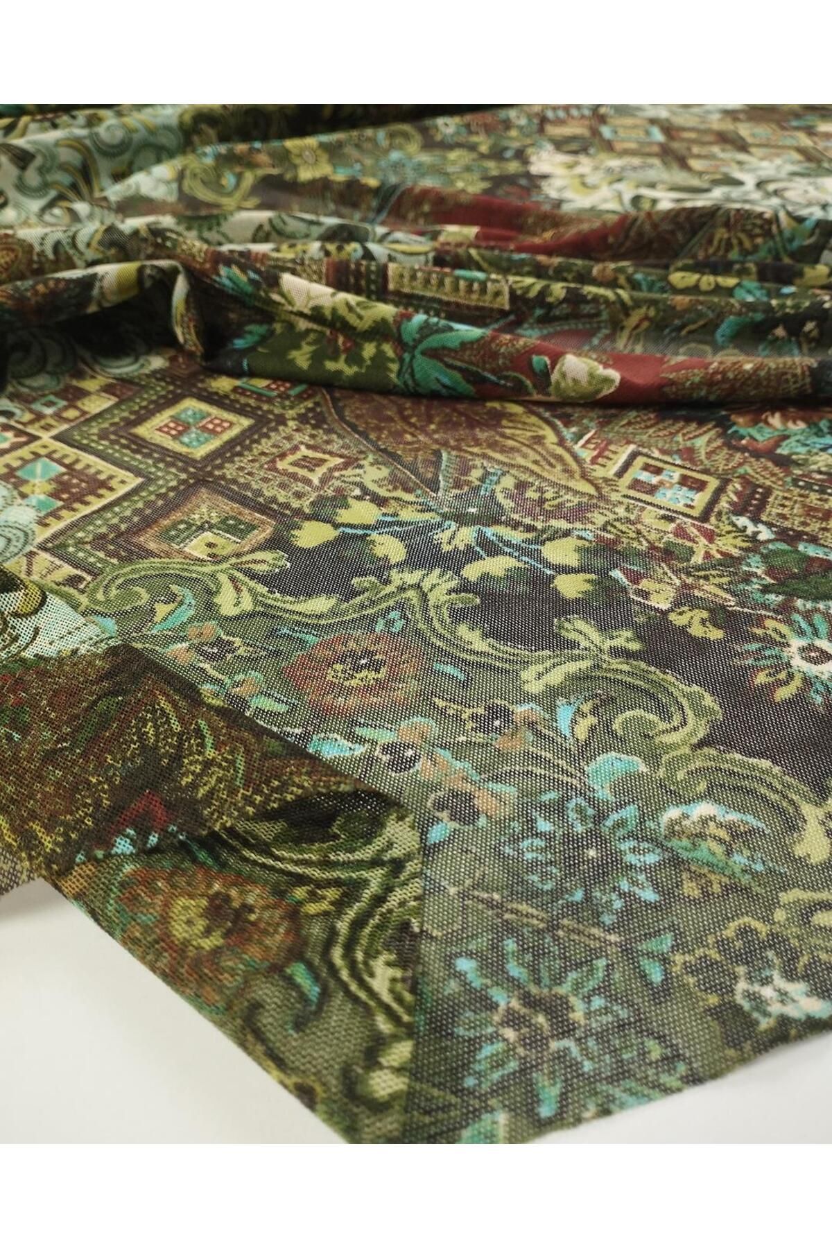 Kumaş Parça-Retro Pattern in Dark Green Brown Cream Colors Mesh Width: 130 5