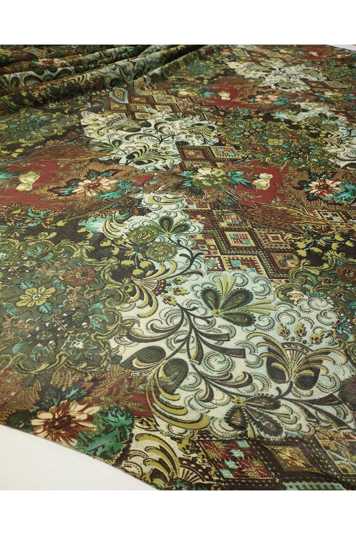 Kumaş Parça-Retro Pattern in Dark Green Brown Cream Colors Mesh Width: 130 4