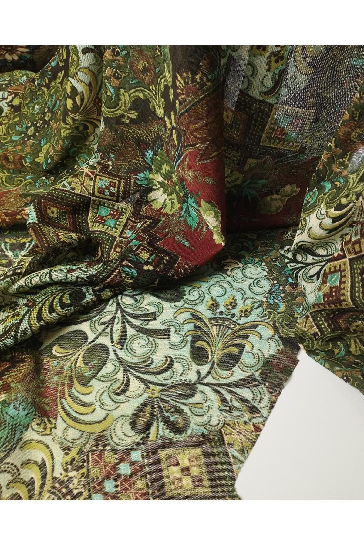 Kumaş Parça-Retro Pattern in Dark Green Brown Cream Colors Mesh Width: 130 3