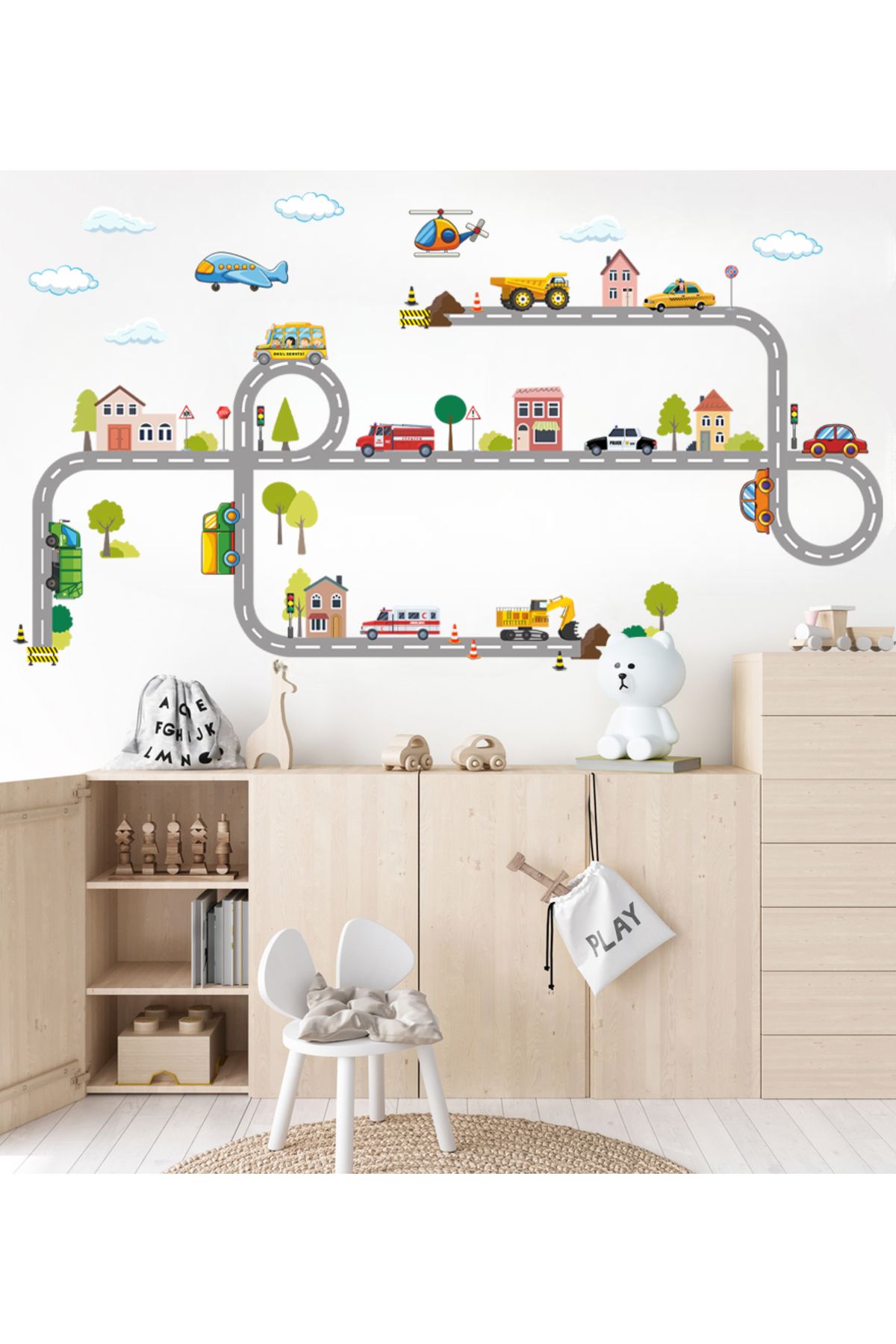 Sticker Sepetim Kasaba Temalı Yol ve Araçlar Çocuk Odası Duvar Stickerı Duvar Dekoru