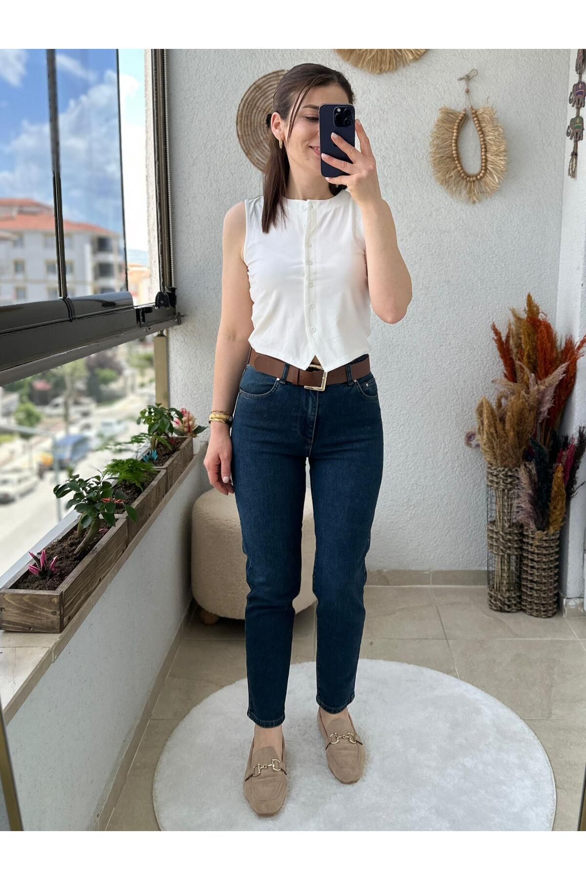 TUNAM BUTİK MOM FİT KOYU LACİVERT KOT PANTOLON