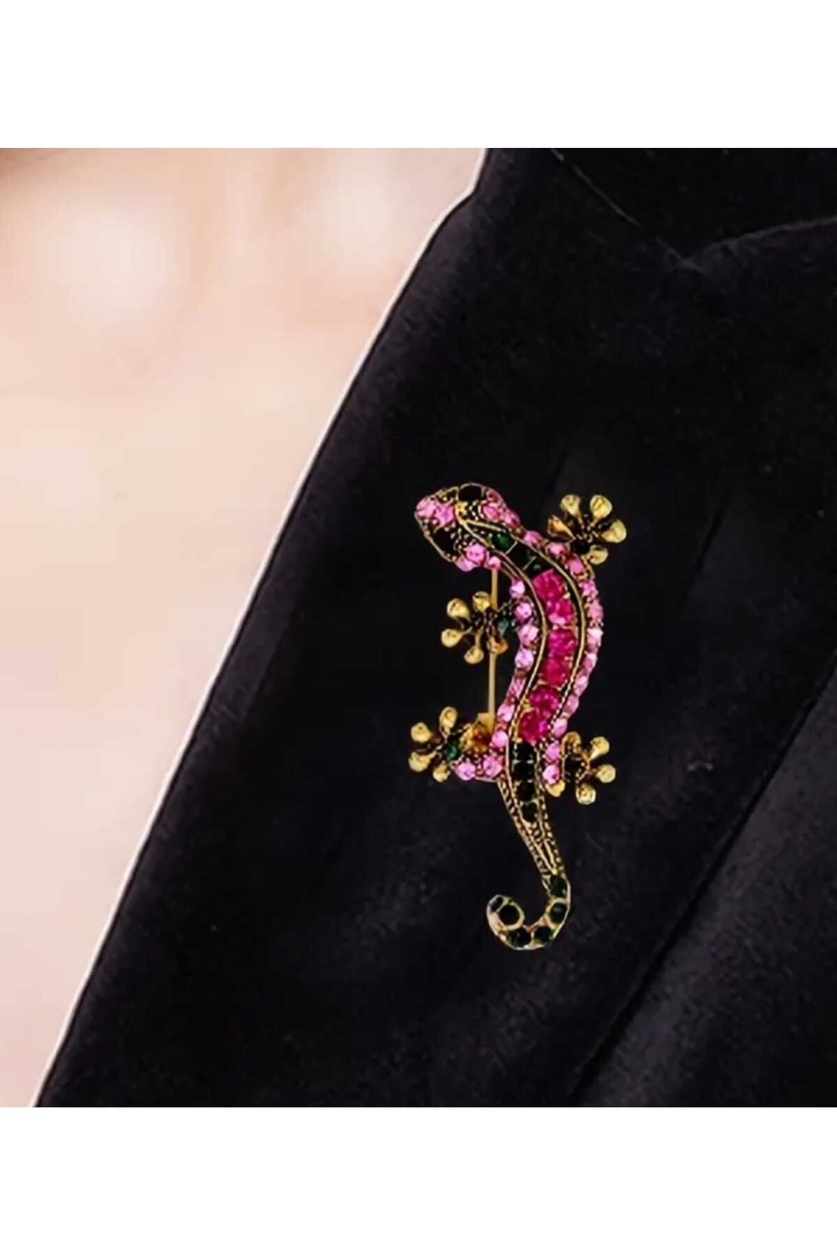 sarıyer silver Gecko Tasarım Renkli Zirkon Taşlı İşlemeli Şık Stil Vintage Tasarım Sarı Kaplama Broş Yaka İğnesi