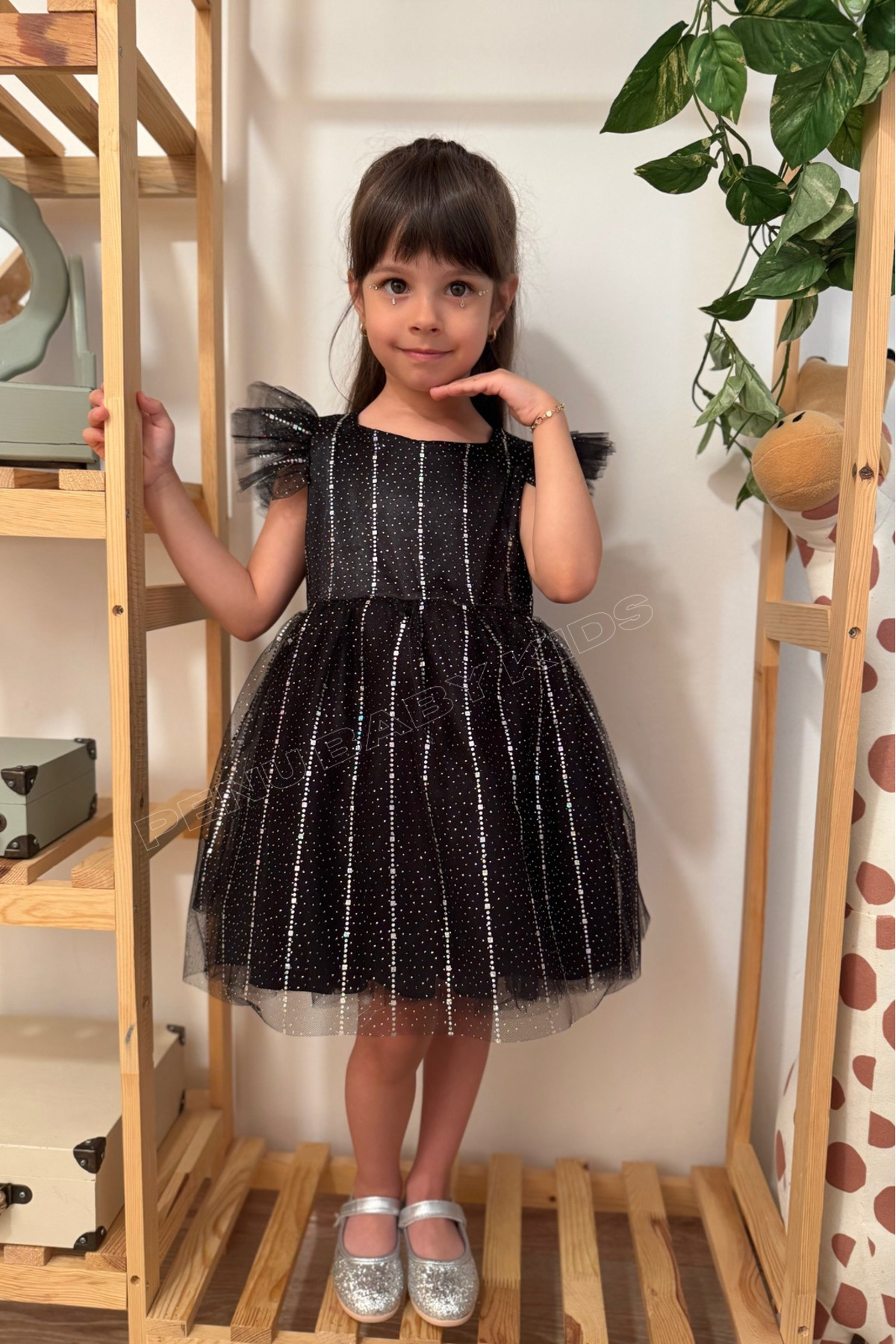 penu baby kids Siyah Yarım Kol Baskı Şeritli Tül Kız Çocuk Kız Bebek Elbise fotoğrafı 2 (önizleme)