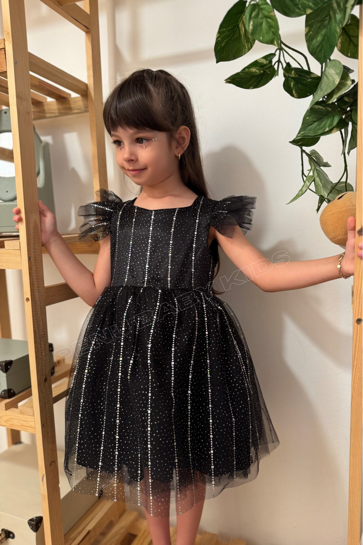 penu baby kids Siyah Yarım Kol Baskı Şeritli Tül Kız Çocuk Kız Bebek Elbise fotoğrafı 7 (önizleme)