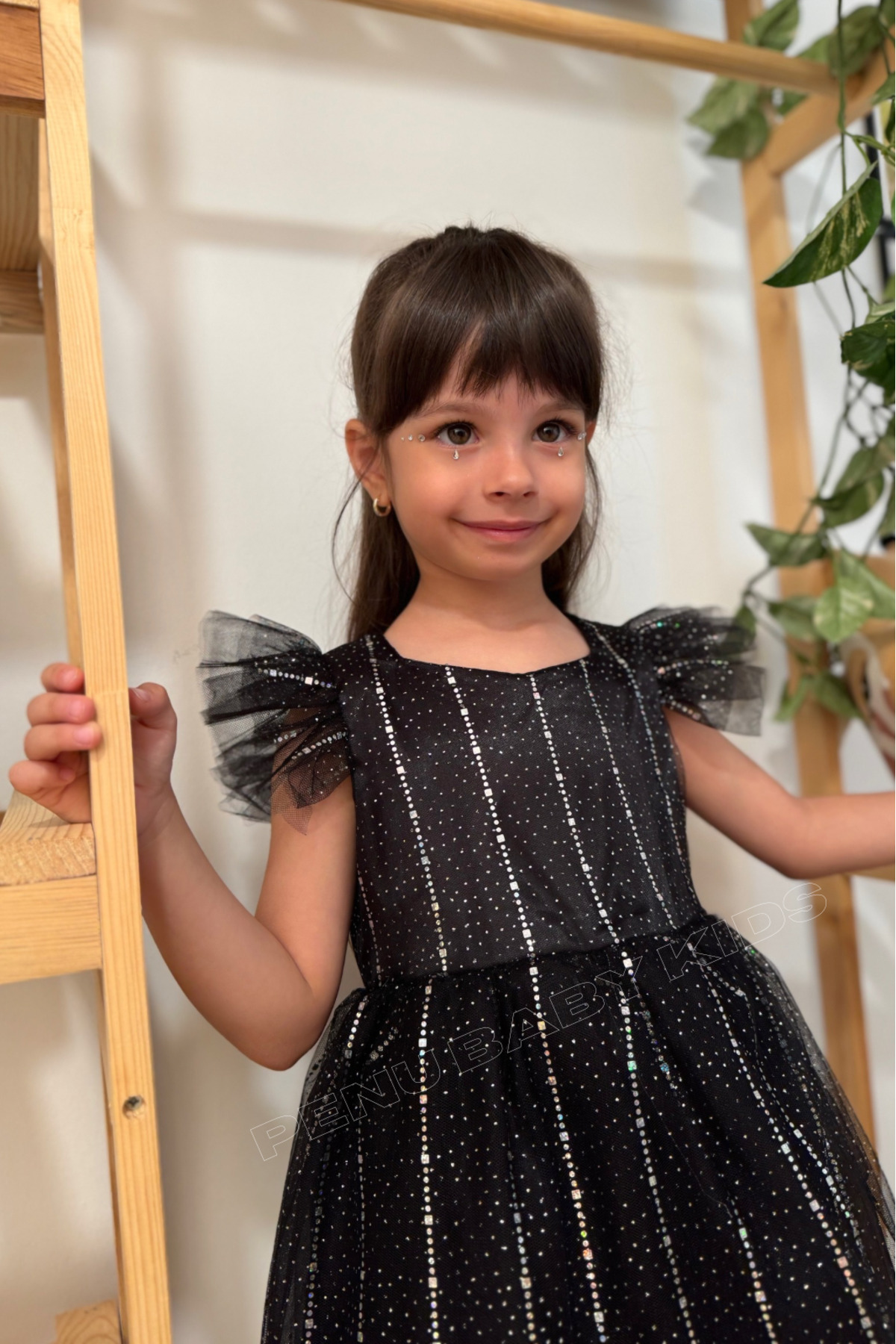 penu baby kids Siyah Yarım Kol Baskı Şeritli Tül Kız Çocuk Kız Bebek Elbise fotoğrafı 4 (önizleme)