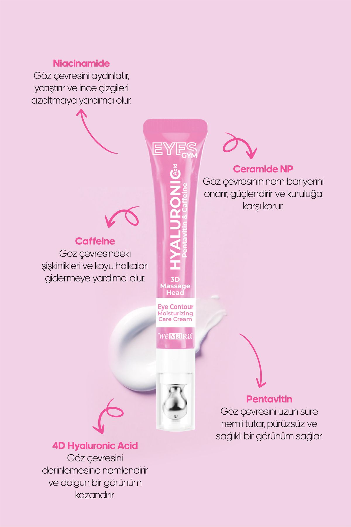 WeMara Hiyalüronik Asit & Mositurizing (PEMBE) Masaj Başlıklı Göz Kremi 18 ml