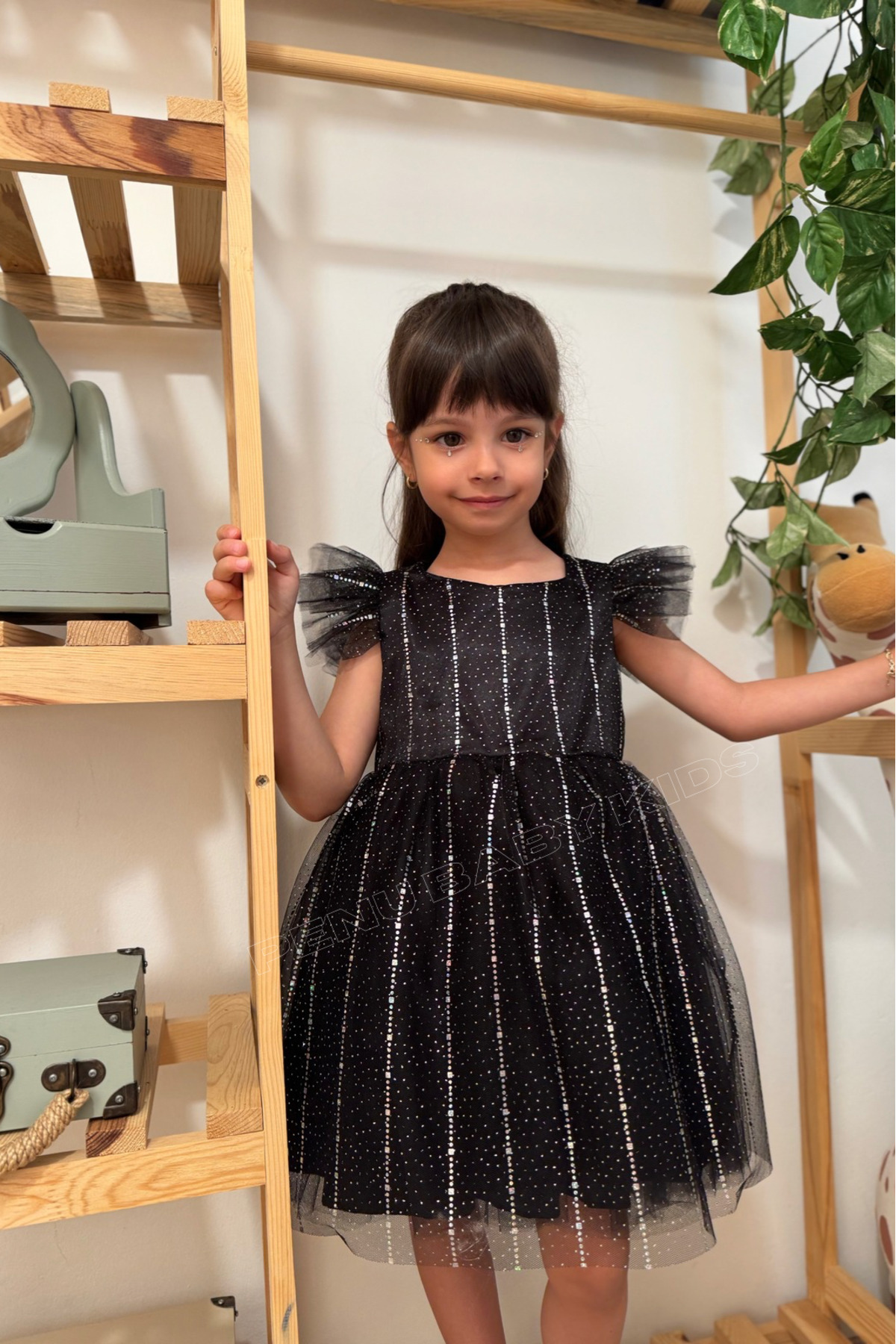 penu baby kids Siyah Yarım Kol Baskı Şeritli Tül Kız Çocuk Kız Bebek Elbise fotoğrafı 6 (önizleme)