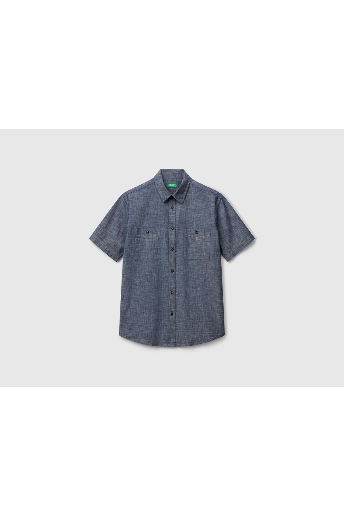 United Colors of Benetton Erkek Mavi %100 Koton Kısa Kollu Regular Fit Şamre Gömlek