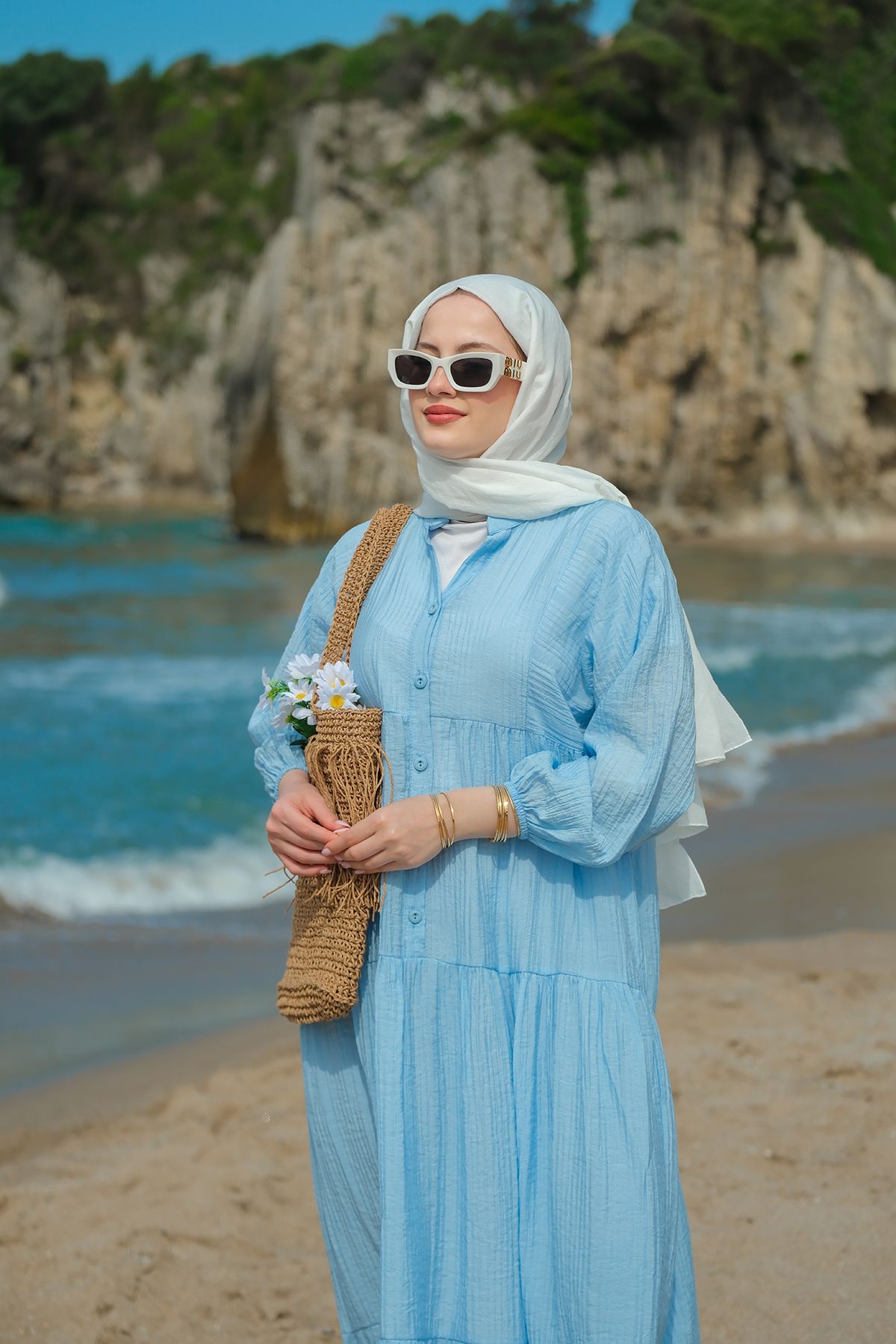 LOCCO-Rochie de damă cu model albastru 8