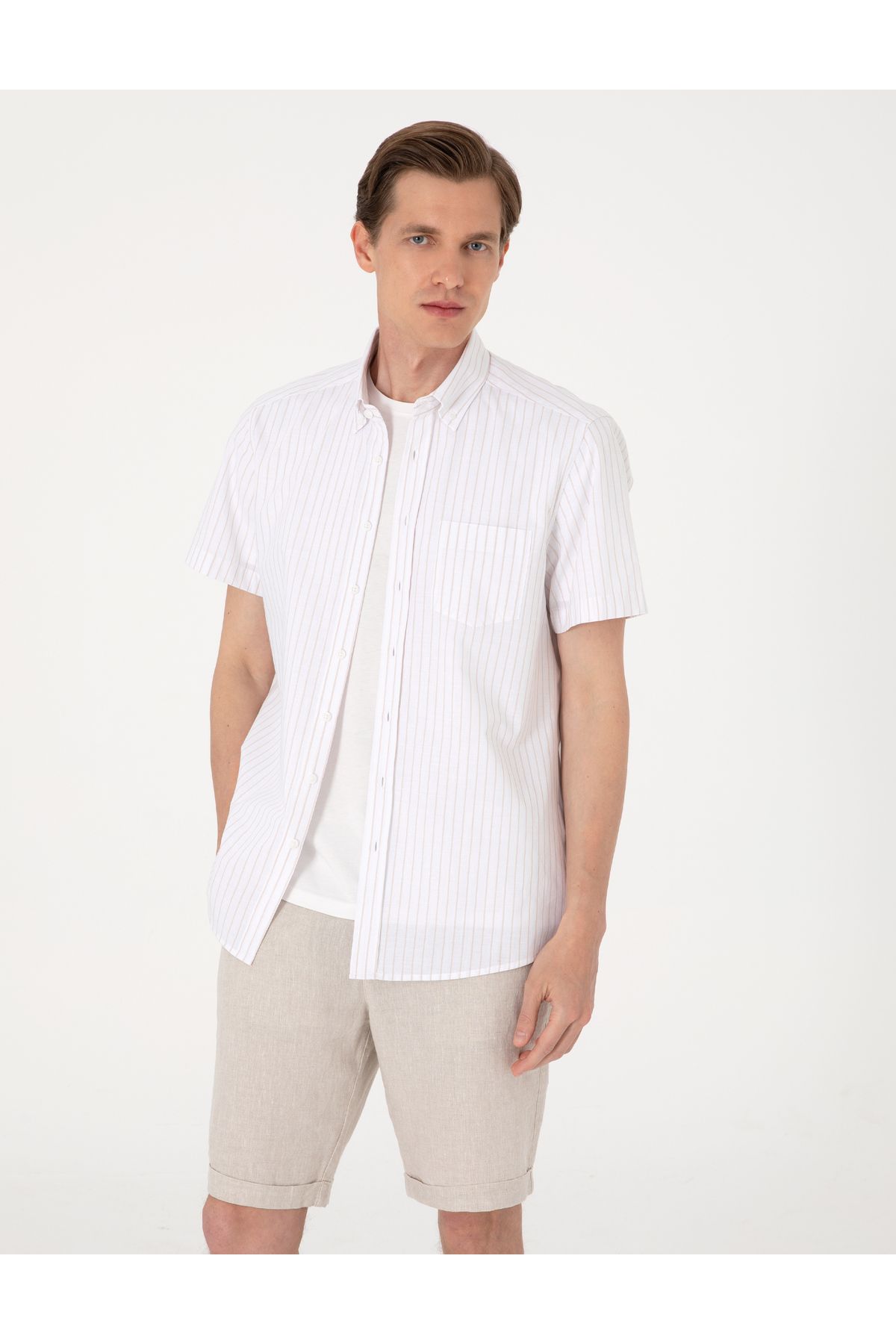 Pierre Cardin Bej Regular Fit Kısa Kollu Gömlek 50307082-VR011