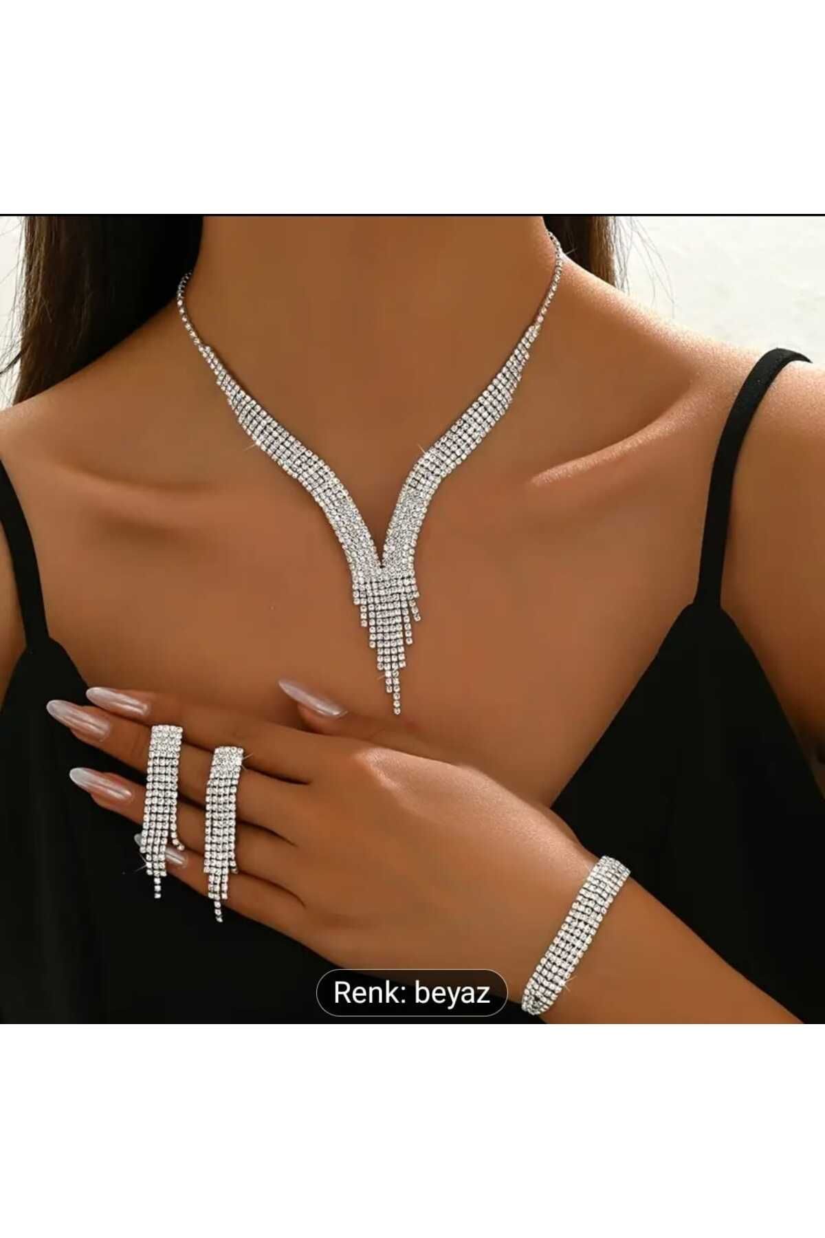 sosyeteyim Şık Taşlı Damlalı Püskül Kolye + 1 Çift Küpe + 1 Bileklik Seti