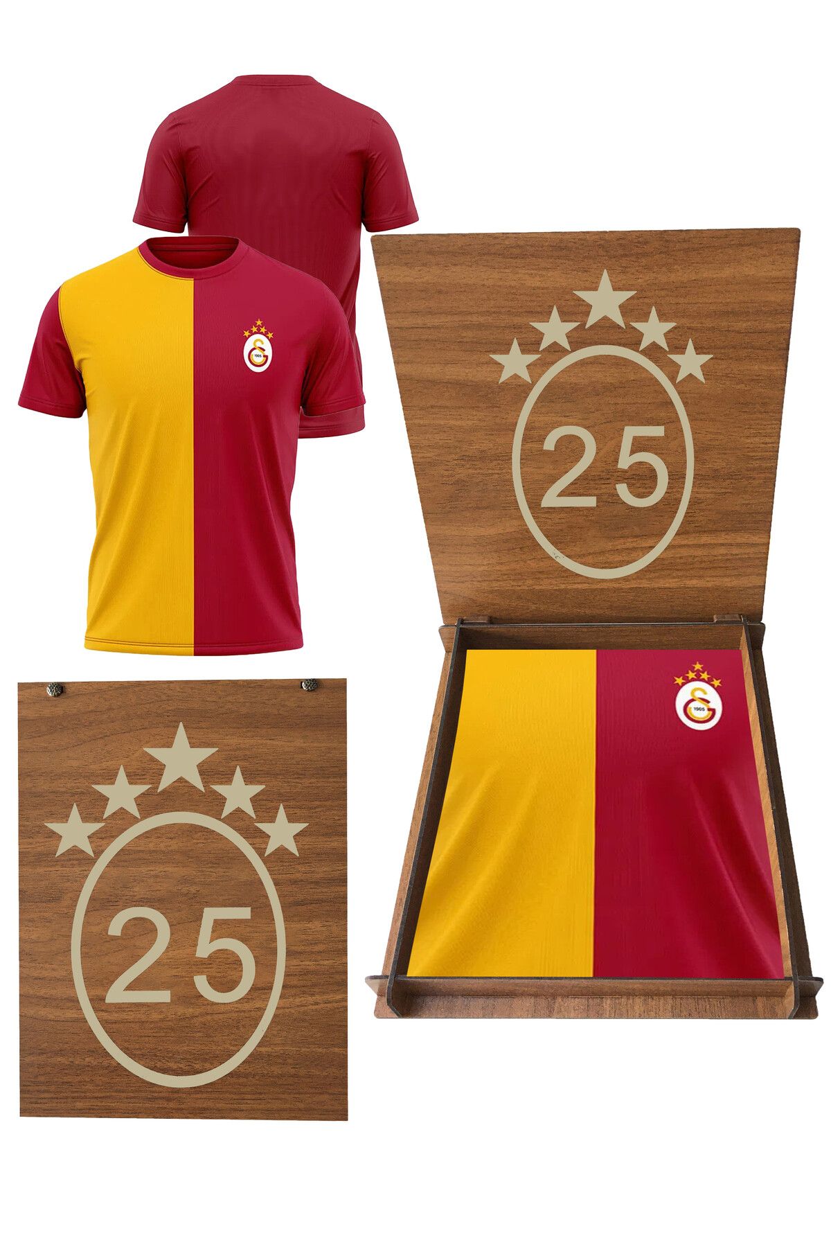 Galatasaray Orijinal 5 Yıldız Parçalı Forma T-shırt 5 Yıldız Ahşap Kutulu