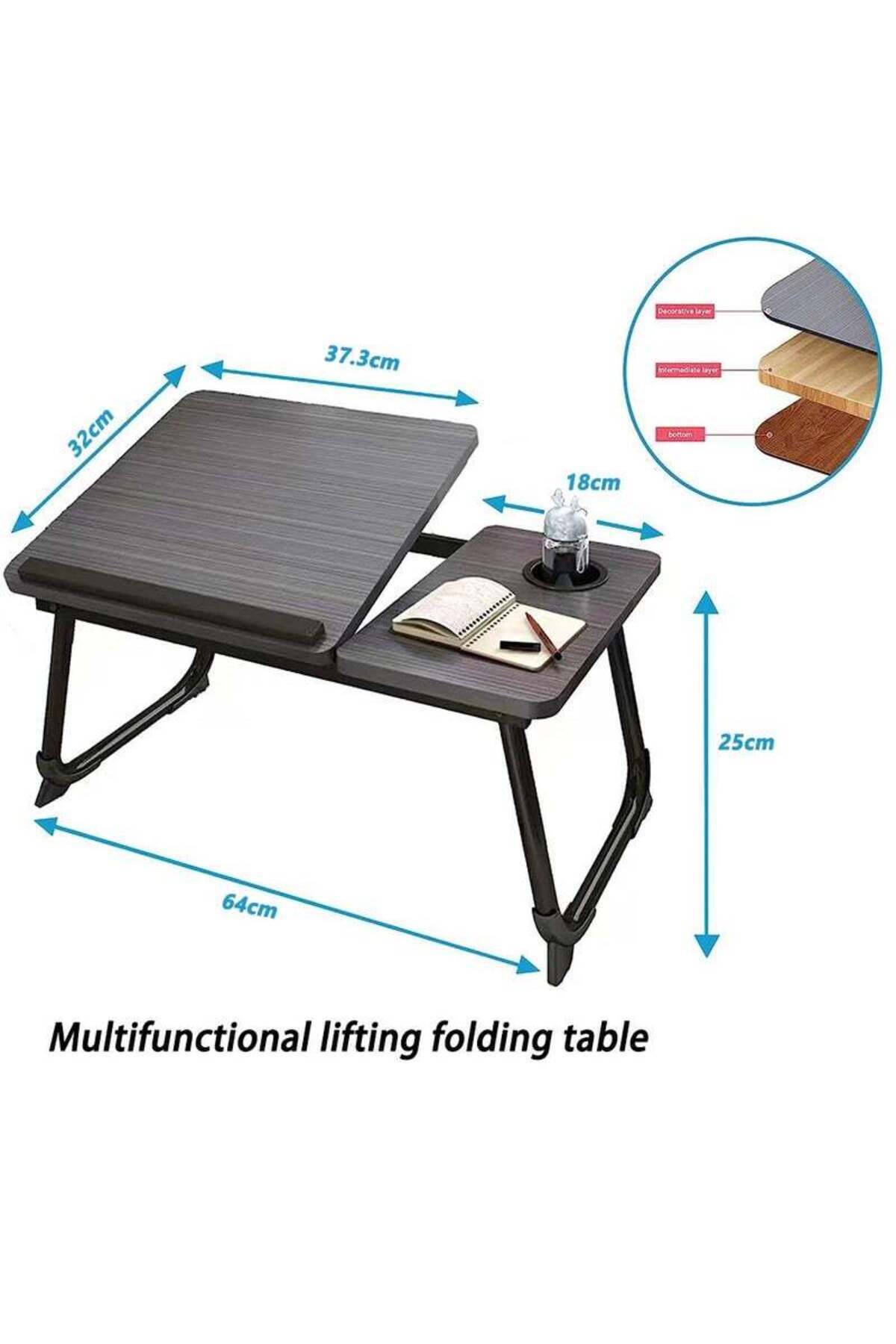 Saharaz-Multifunctional Folding Computer Table, Non-slip, 5-level Adjustable Height, With Cup Holder, Beige 4
