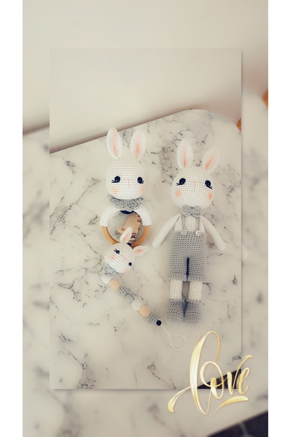 AYÇA ACUN Amigurumi yenidoğan 3lü set tavşan oyun arkadaşı+çıngırak+emzik zinciri