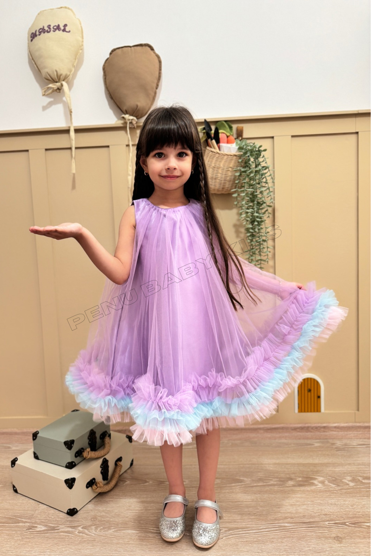 penu baby kids Lila Etek Ucu Renkli Fırfırlı Parlak Saten Üstü Kloş Tül Jile Kız Bebek & Kız Çocuk Elbise - Donna fotoğrafı 3 (önizleme)