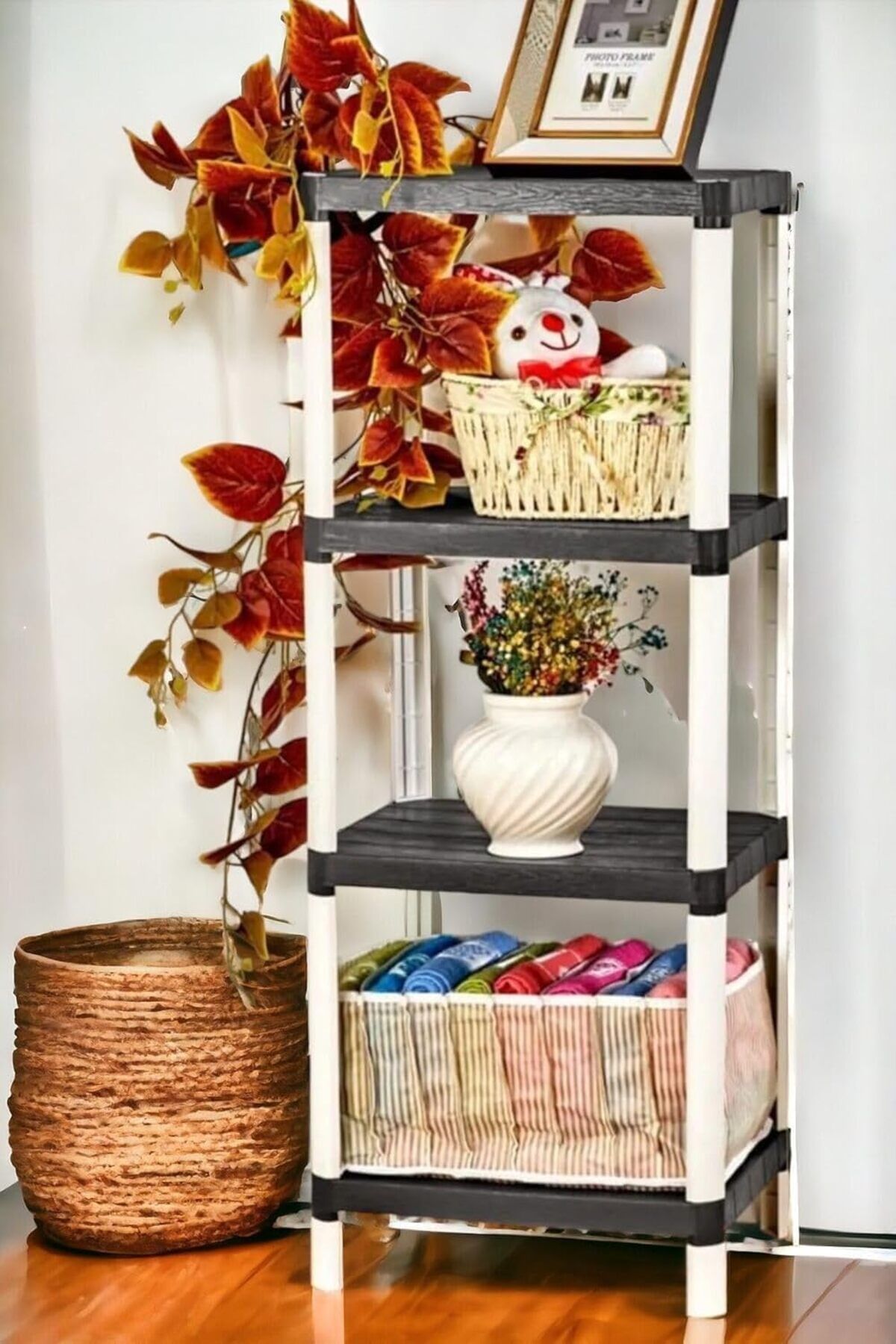 LUXE 4 Raflı Ahşap Desenli Dekoratif Raf Ünitesi, Genişlik 38 cm, Derinlik 29 cm, Yükseklik 100 cm