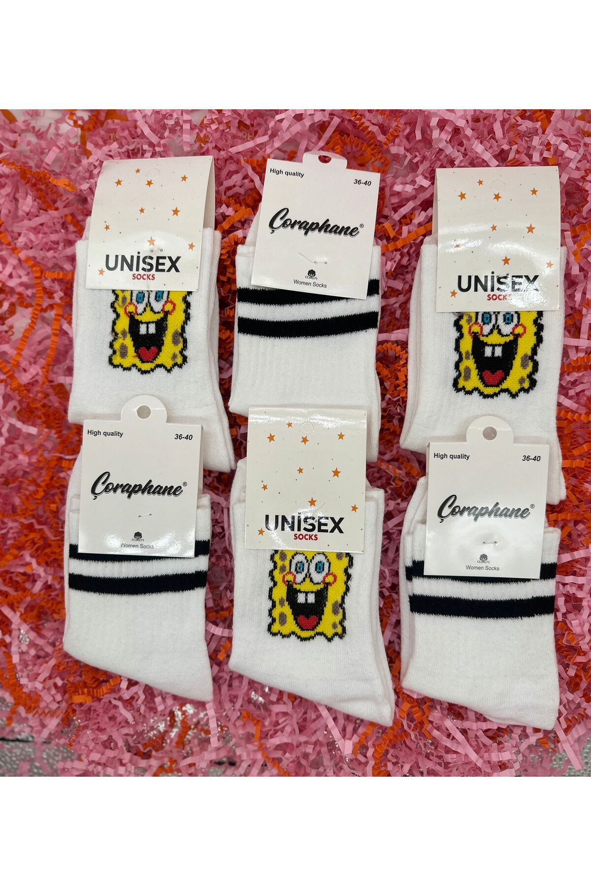 MGEStore 6'lı Unisex Kolej Çorap Çizgili ve Sünger Bob Desenli Uzun Çorap Çizgili
