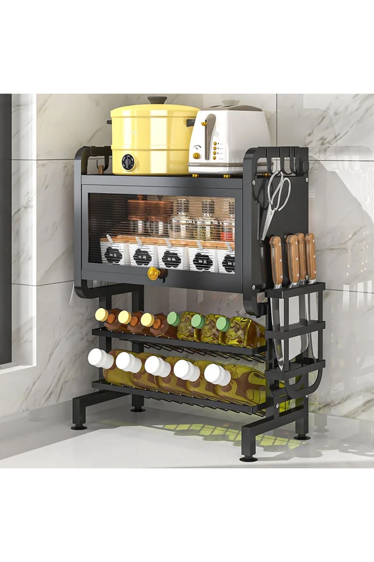 Un-Multi-level kitchen storage with tool holder and shelves for storing oils and spices, black 5