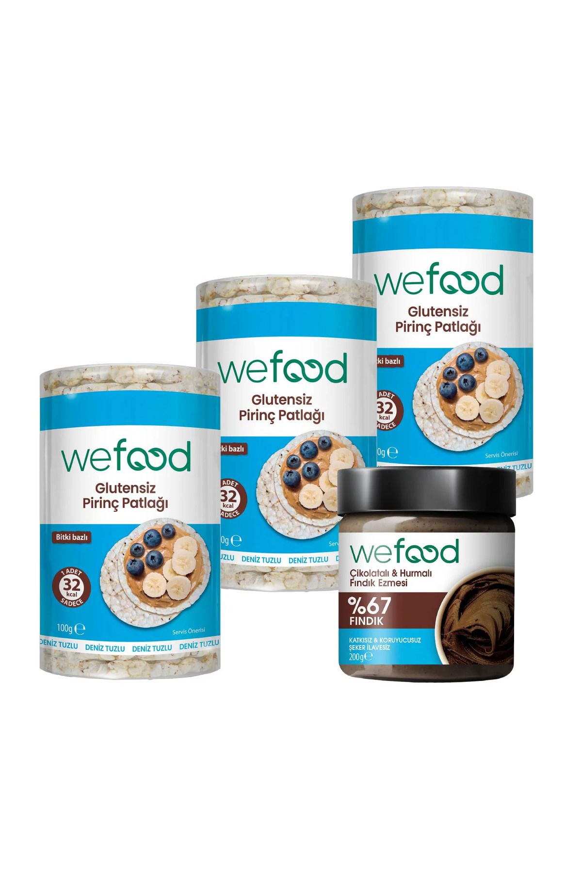 Wefood Çikolatalı Hurmalı Fındık Ezmesi 200 gr + Wefood Glutensiz Pirinç Patlağı 100 gr 3'lü
