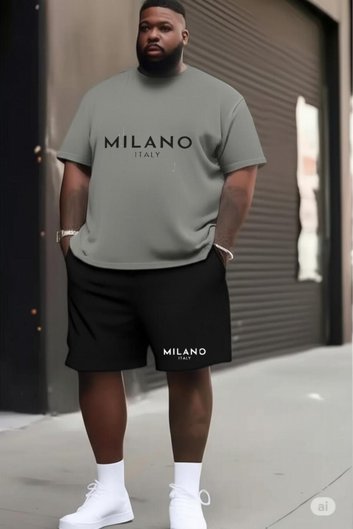 NO 601 Erkek Gri T-shirt Siyah Şort Milano Büyük Beden Battal Beden Takımı