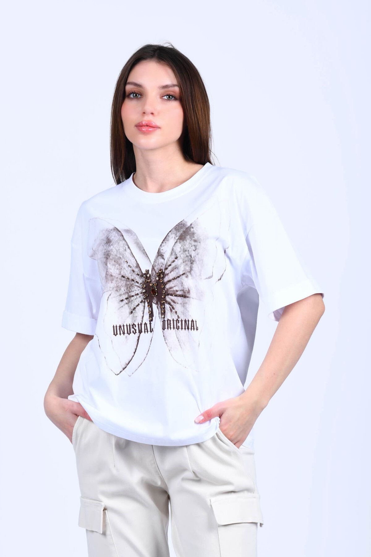 nuova stella Beyaz Kelebek Baskılı T-Shirt - MM7153