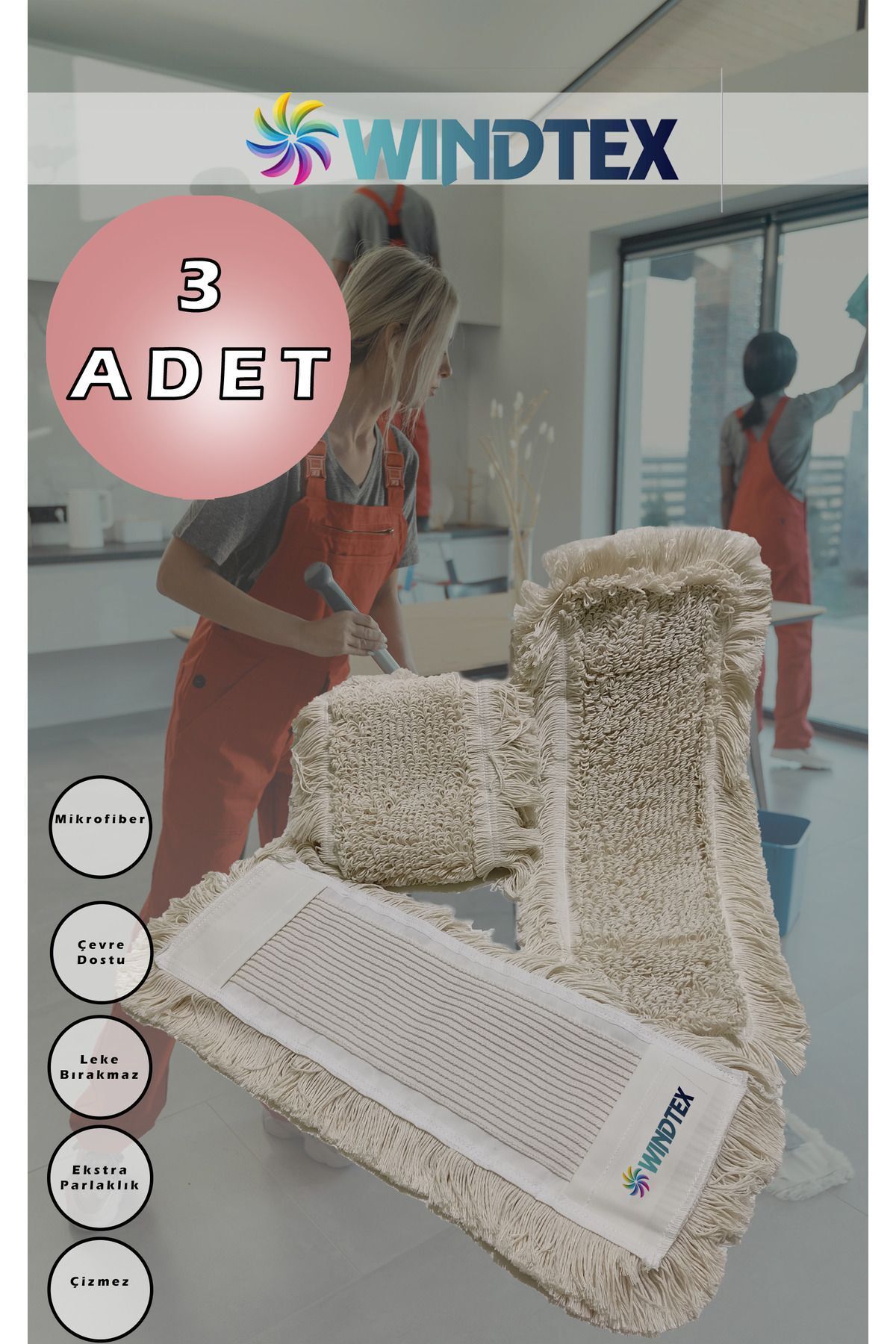 WİNDTEX 3 Adet Püsküllü Yedek Mop Bezi 50 Cm